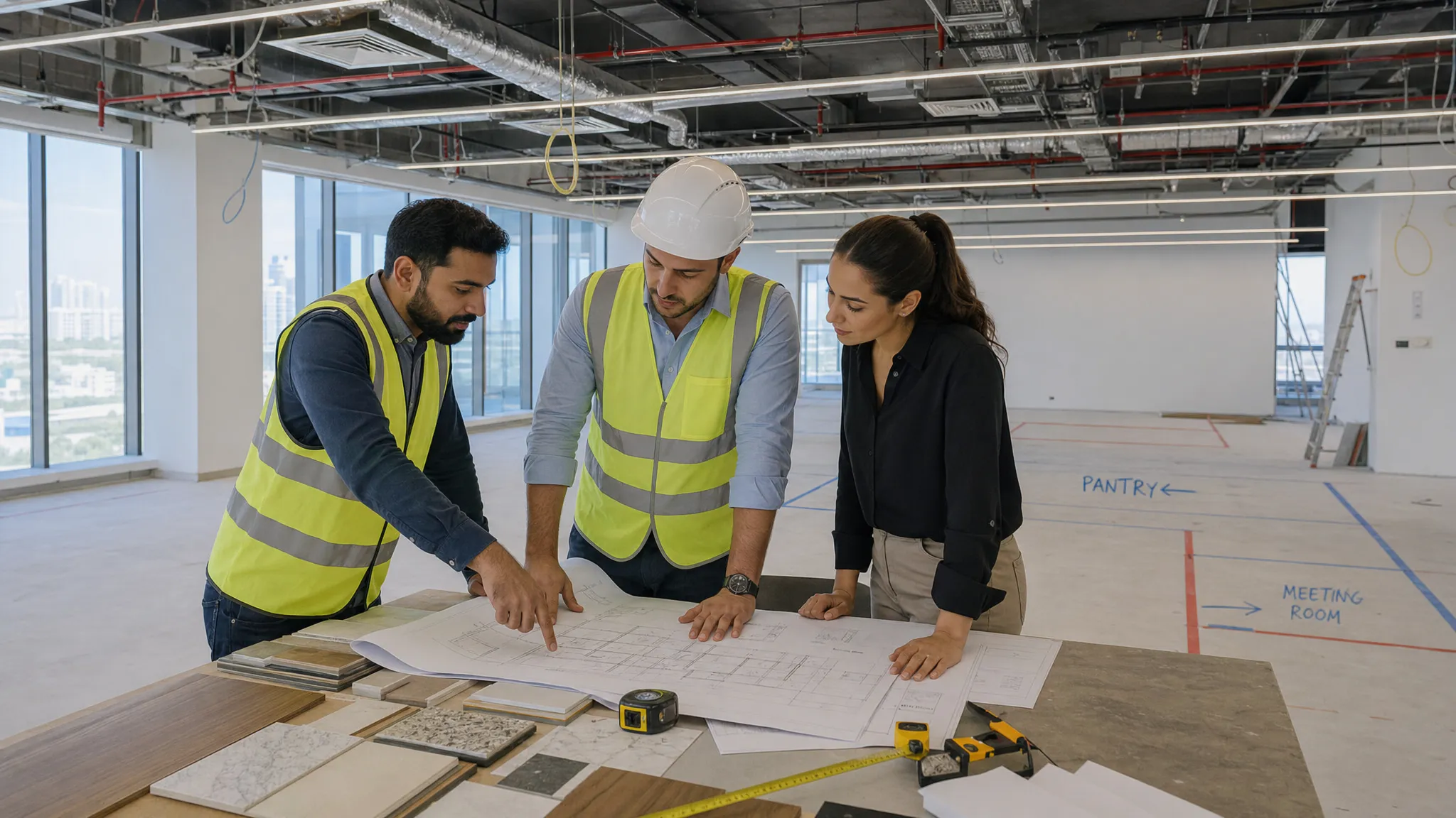 A commercial renovation team reviewing drawings inside an empty office space with exposed ceiling services, measuring tools, material samples, and marked floor areas for planning.