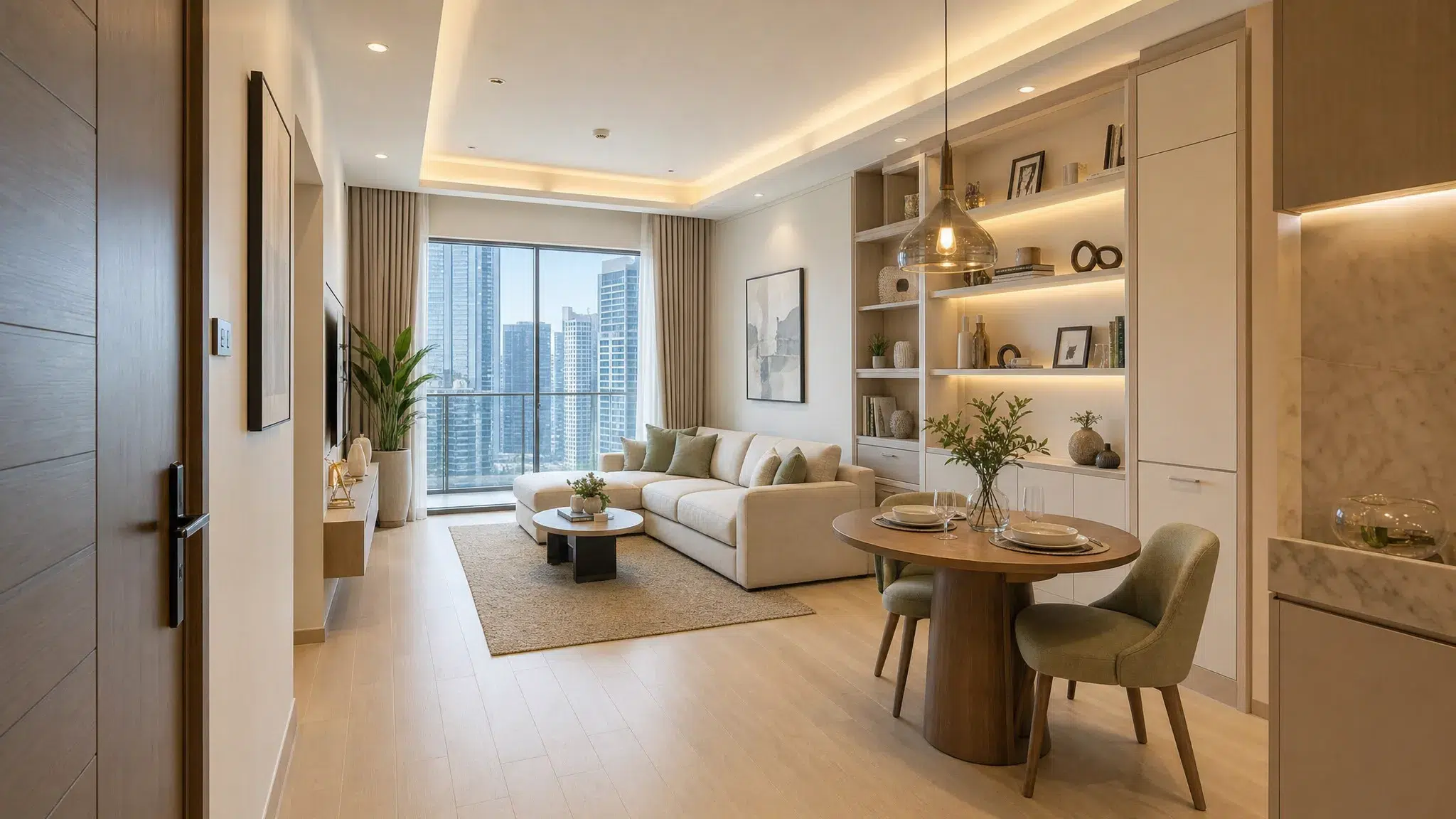 A compact Dubai apartment living area remodeled with built-in wall storage, a small dining nook, light wood flooring, soft neutral walls, and layered lighting that makes the room feel open and organized, seen from the entry side with the seating and storage arranged to keep a clear walkway.