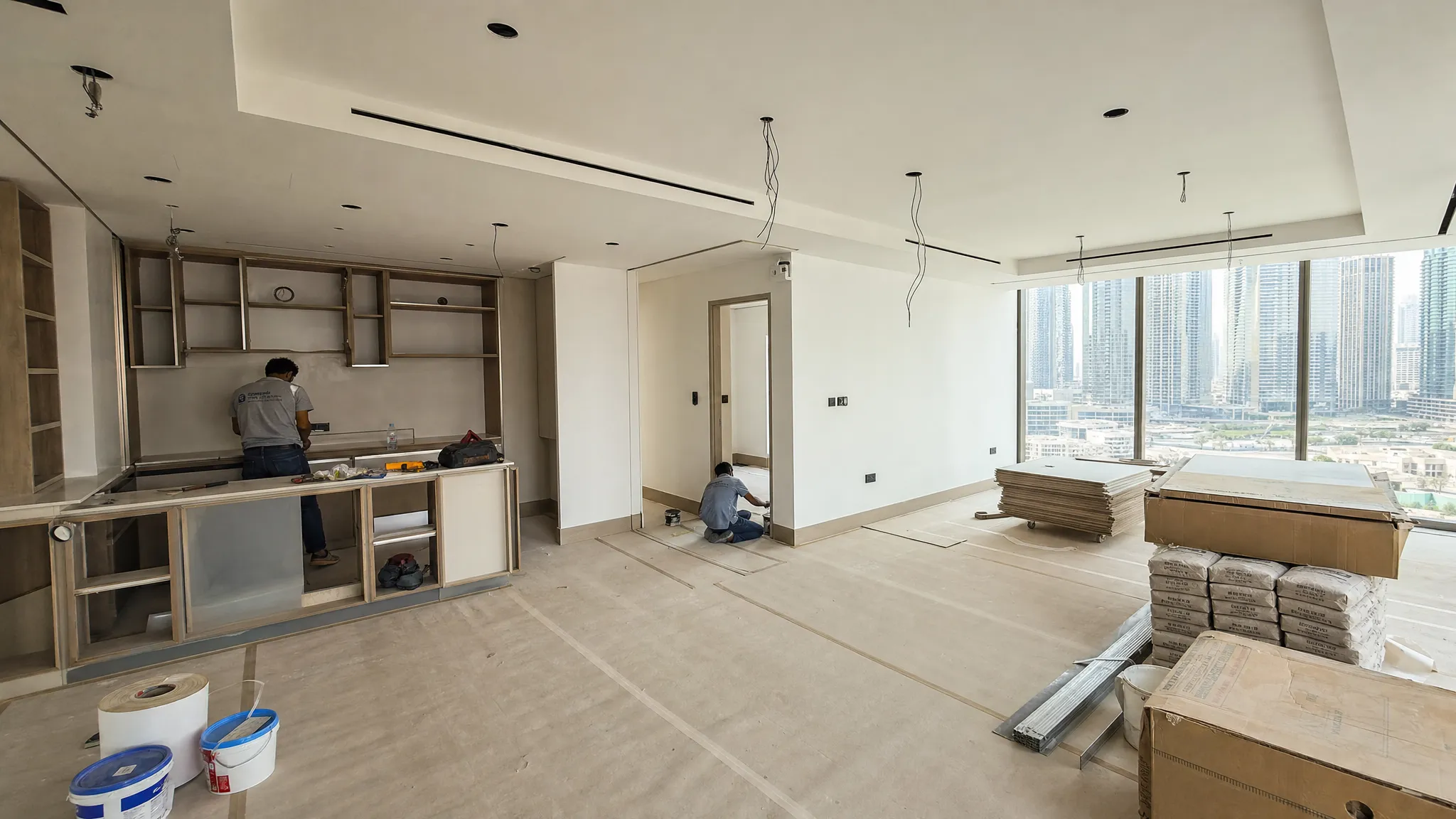 A Dubai apartment renovation in progress with covered floors, stacked materials, exposed ceiling lighting points, and workers preparing the kitchen and living area for remodeling.