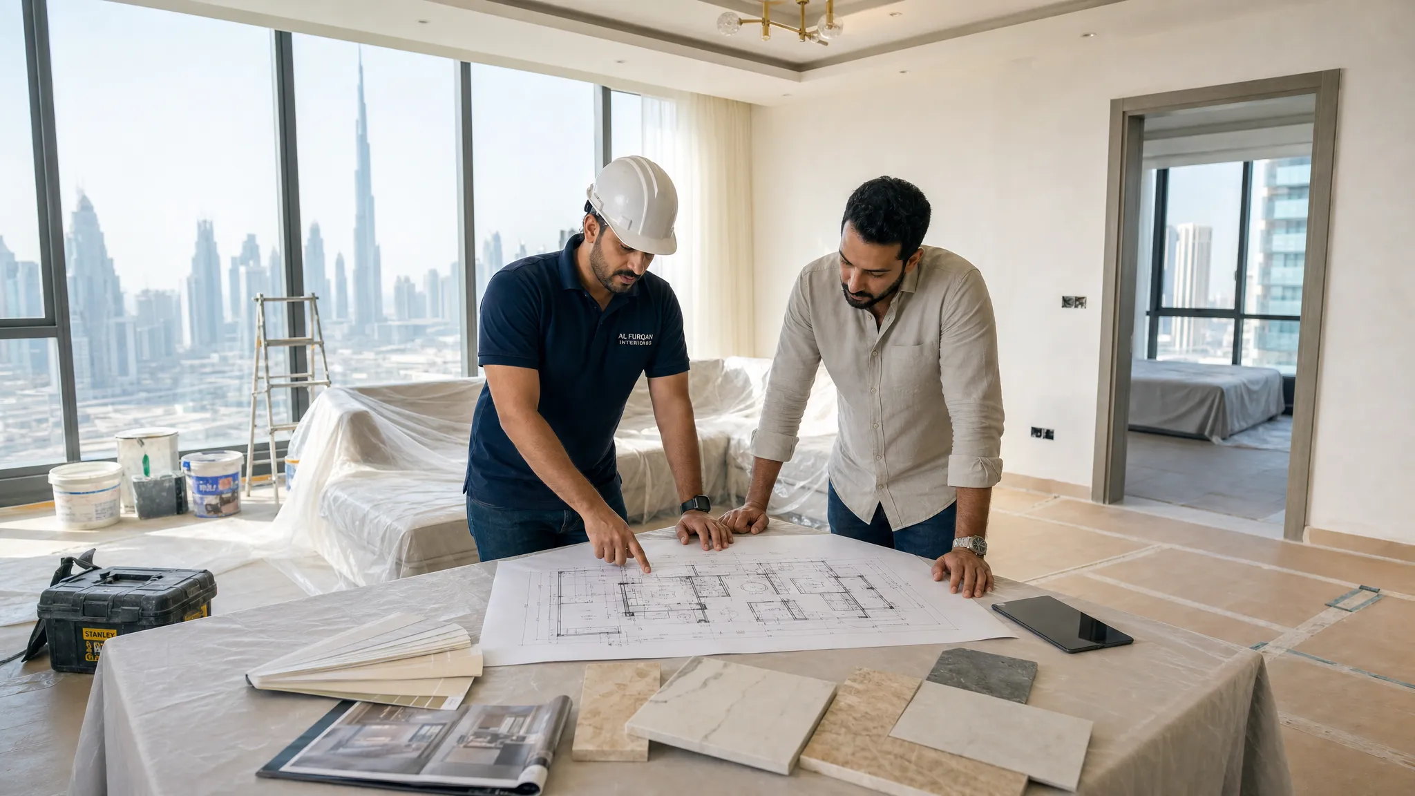 A Dubai apartment renovation scene with a contractor and homeowner reviewing floor plans on a table, with protected flooring, covered furniture, tile samples, paint swatches, and renovation tools visible in a bright living room.