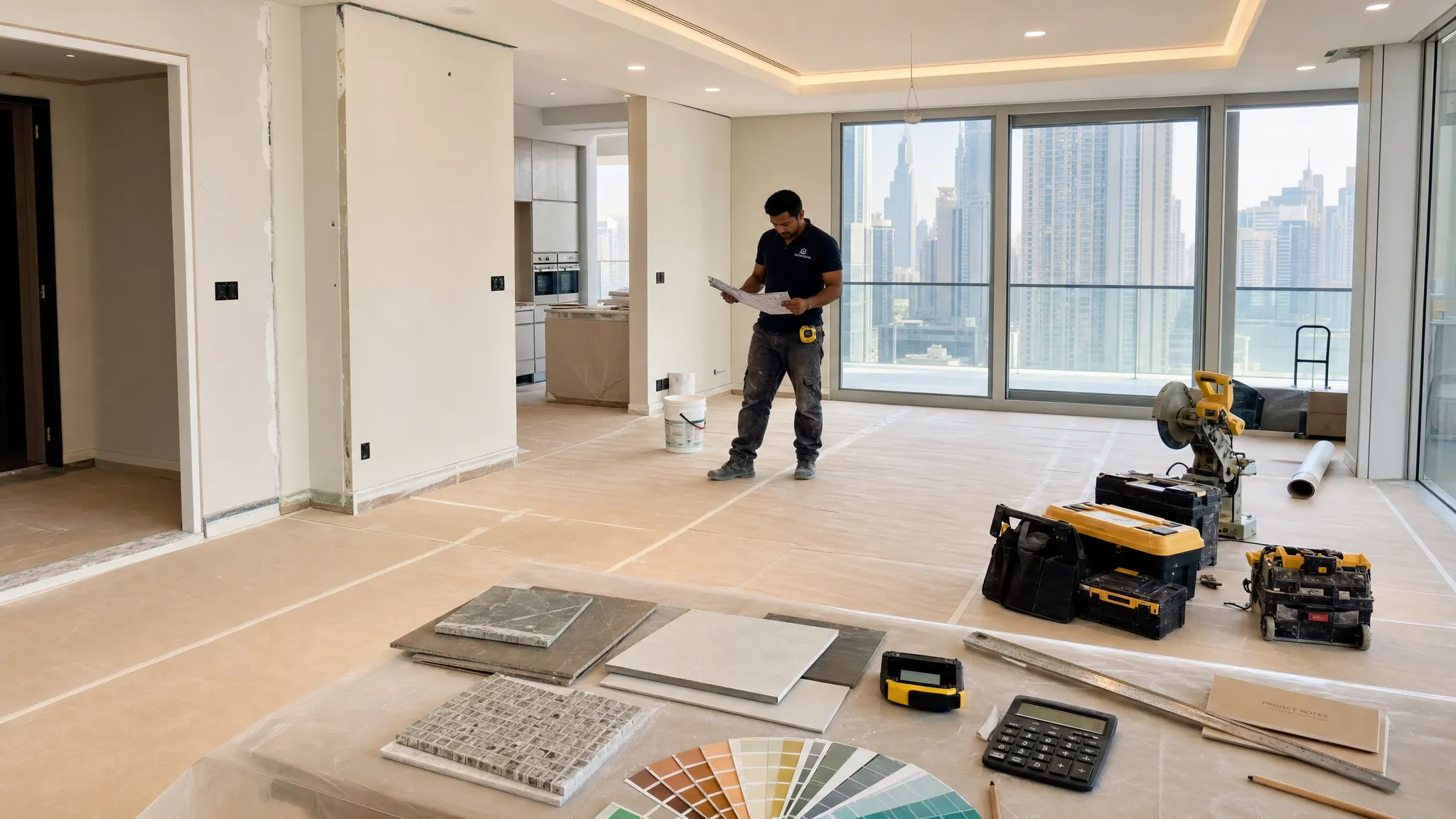 A Dubai apartment renovation scene with covered flooring, organized tools, sample tiles, paint swatches, and a contractor reviewing measurements in a bright living area.