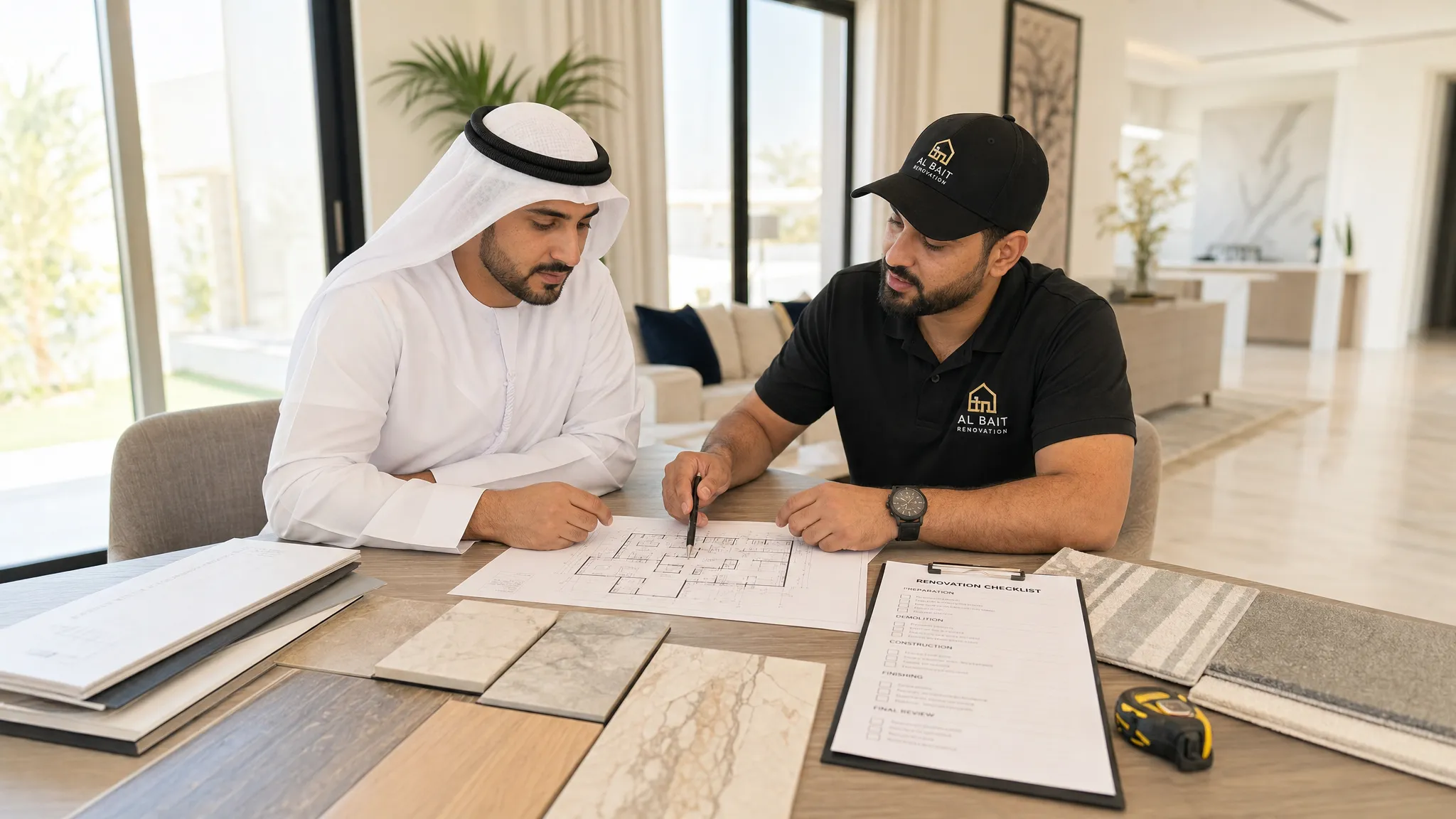 A Dubai homeowner and renovation contractor reviewing material samples, floor plans, and a renovation checklist on a dining table inside a bright modern villa.