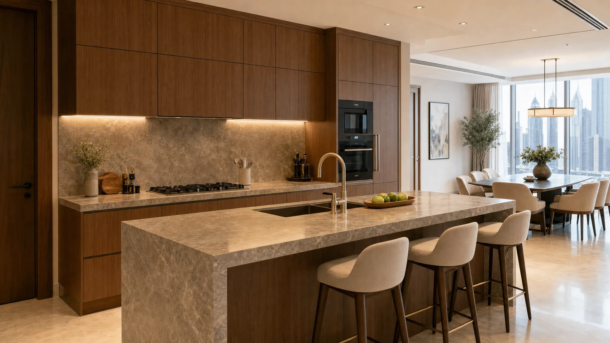 A Dubai kitchen with warm wood cabinets, a stone island, soft under-cabinet lighting, and an open connection to a bright dining area.