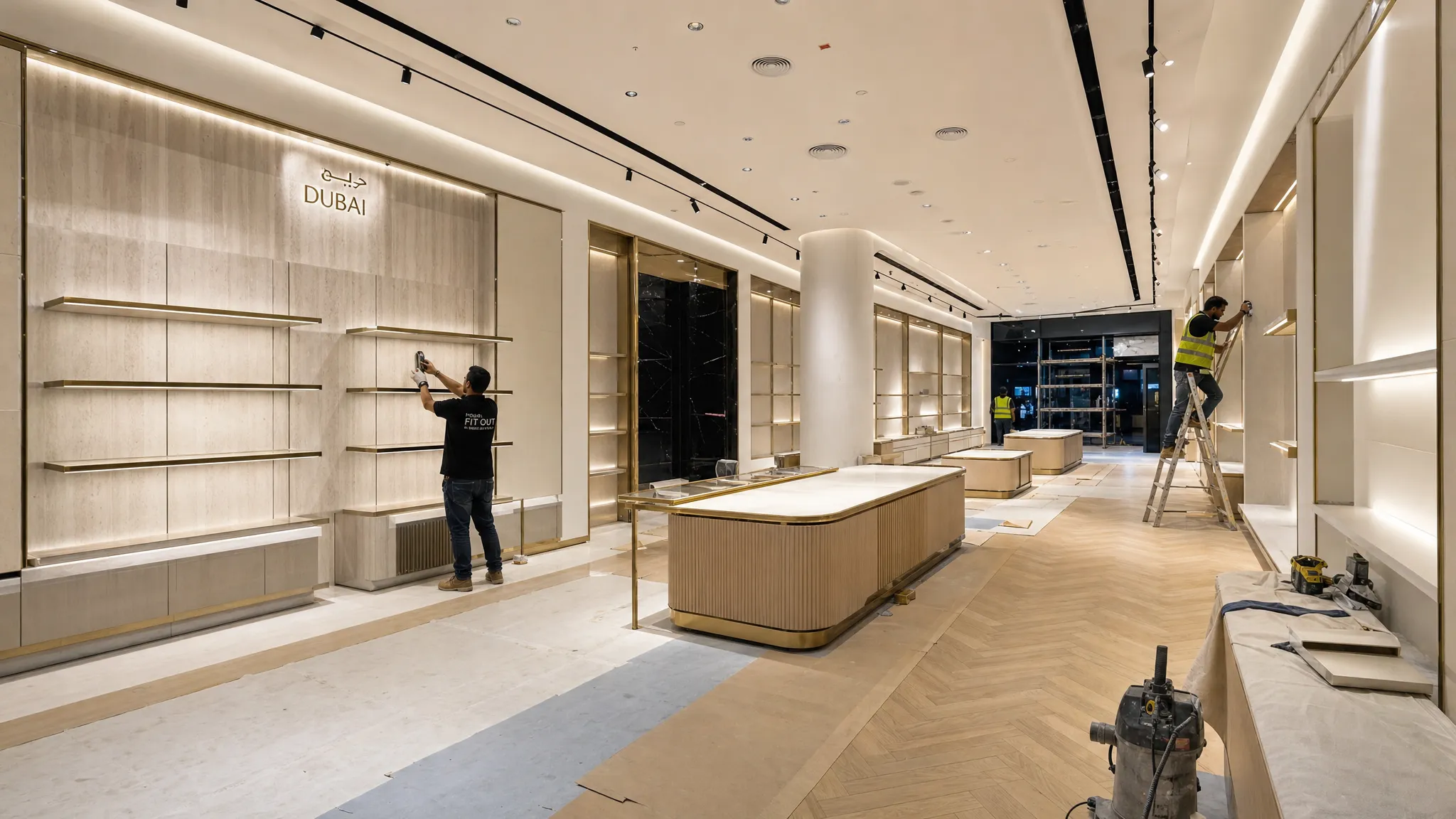A Dubai retail showroom under renovation with new flooring being installed, wall finishes in progress, custom display joinery, ceiling lights, and a clean organized work area prepared for final installation.