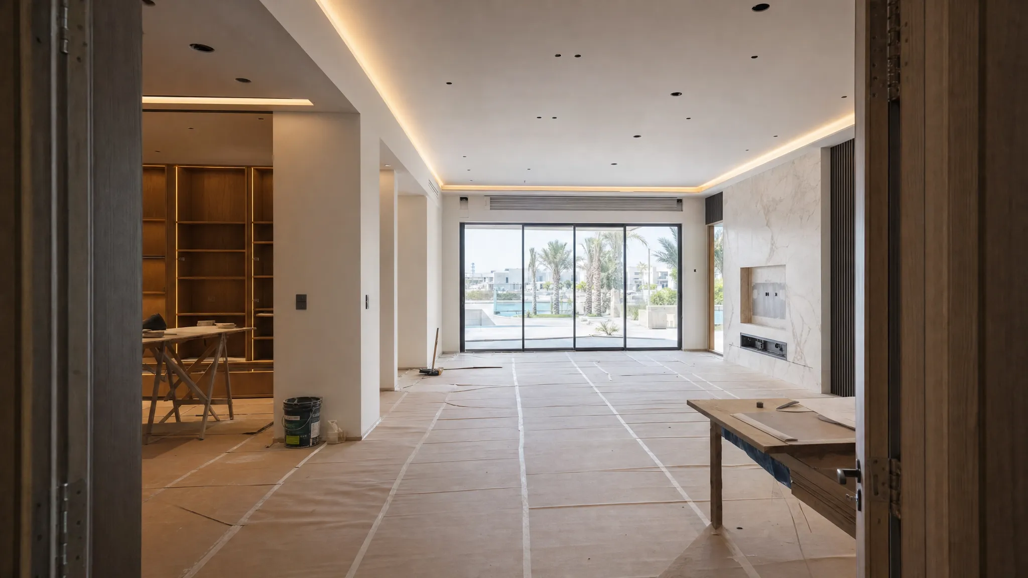 A Dubai villa interior under renovation, seen from a doorway at eye level, with protected floors, ceiling light points, carpentry work in one corner, and a clean modern living area being finished in stages.