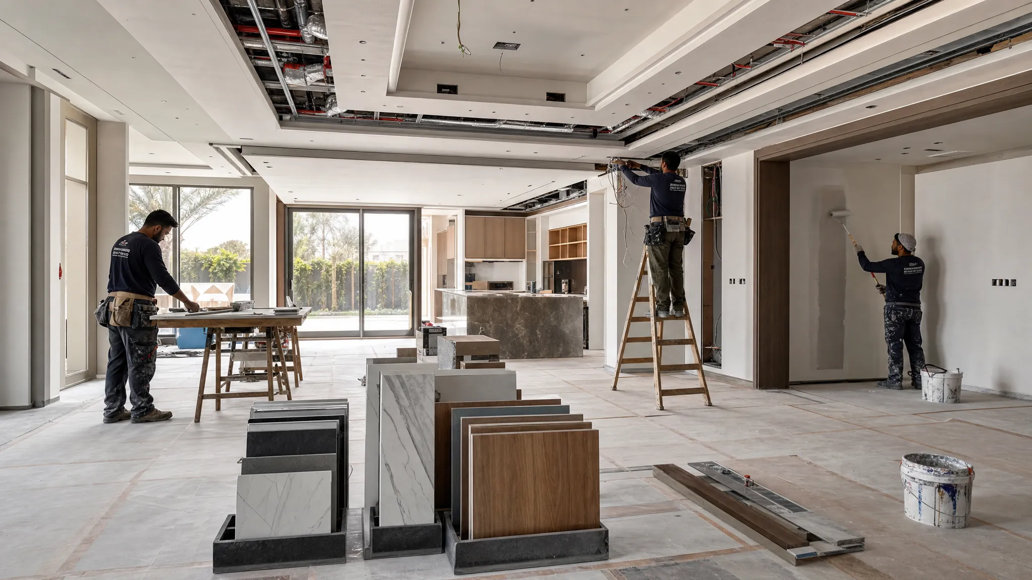 A Dubai villa renovation interior with protected floors, stacked material samples, exposed ceiling services, and workers coordinating carpentry, electrical, and painting tasks in an organized open-plan space.