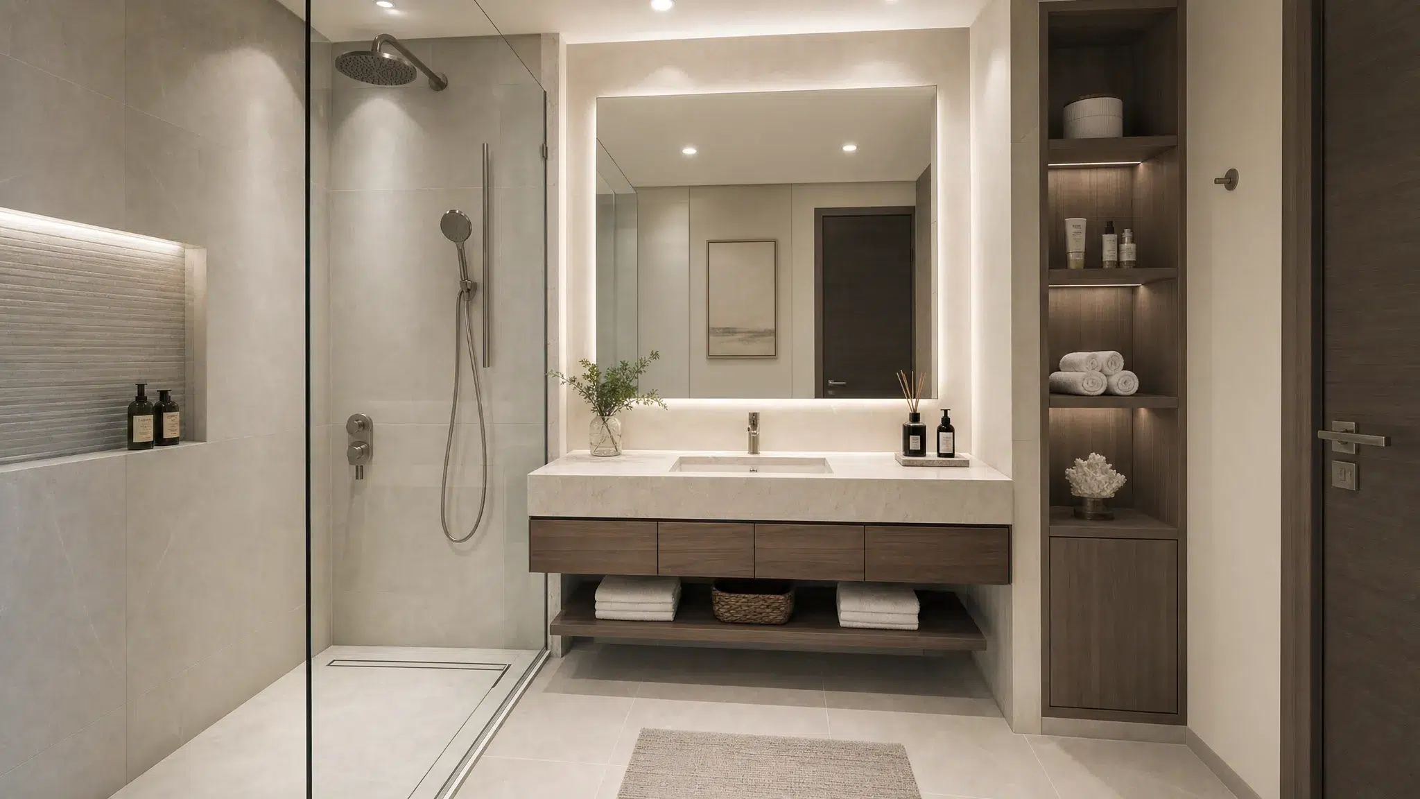 A finished Dubai bathroom with a walk-in glass shower, floating vanity, large porcelain tiles, recessed lighting, brushed metal fixtures, and built-in storage beside the vanity.