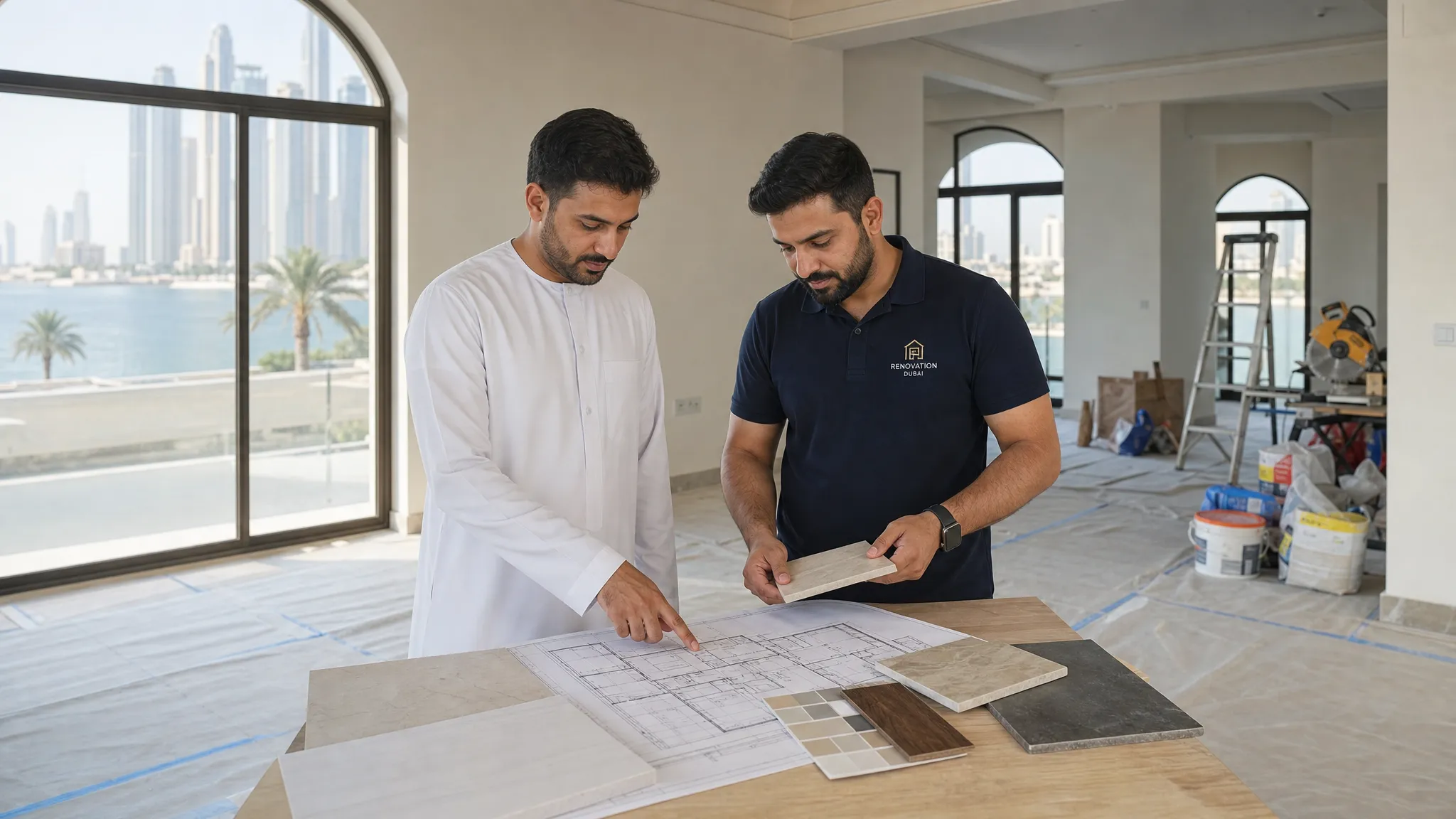 A homeowner and renovation contractor reviewing printed floor plans and material samples inside an unfurnished Dubai villa, with renovation tools and covered flooring in the background.