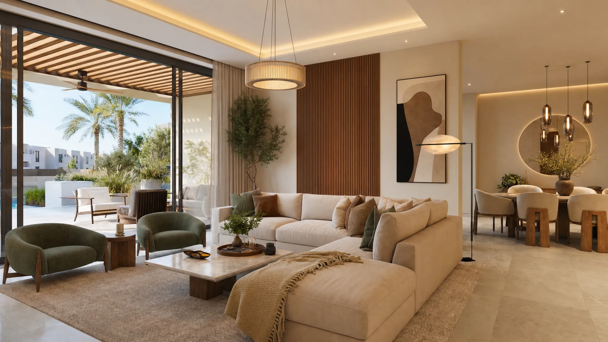 A modern Dubai home interior with a warm neutral living room, open dining area, soft layered lighting, natural wood accents, stone-look flooring, and large glass doors leading to a shaded terrace.