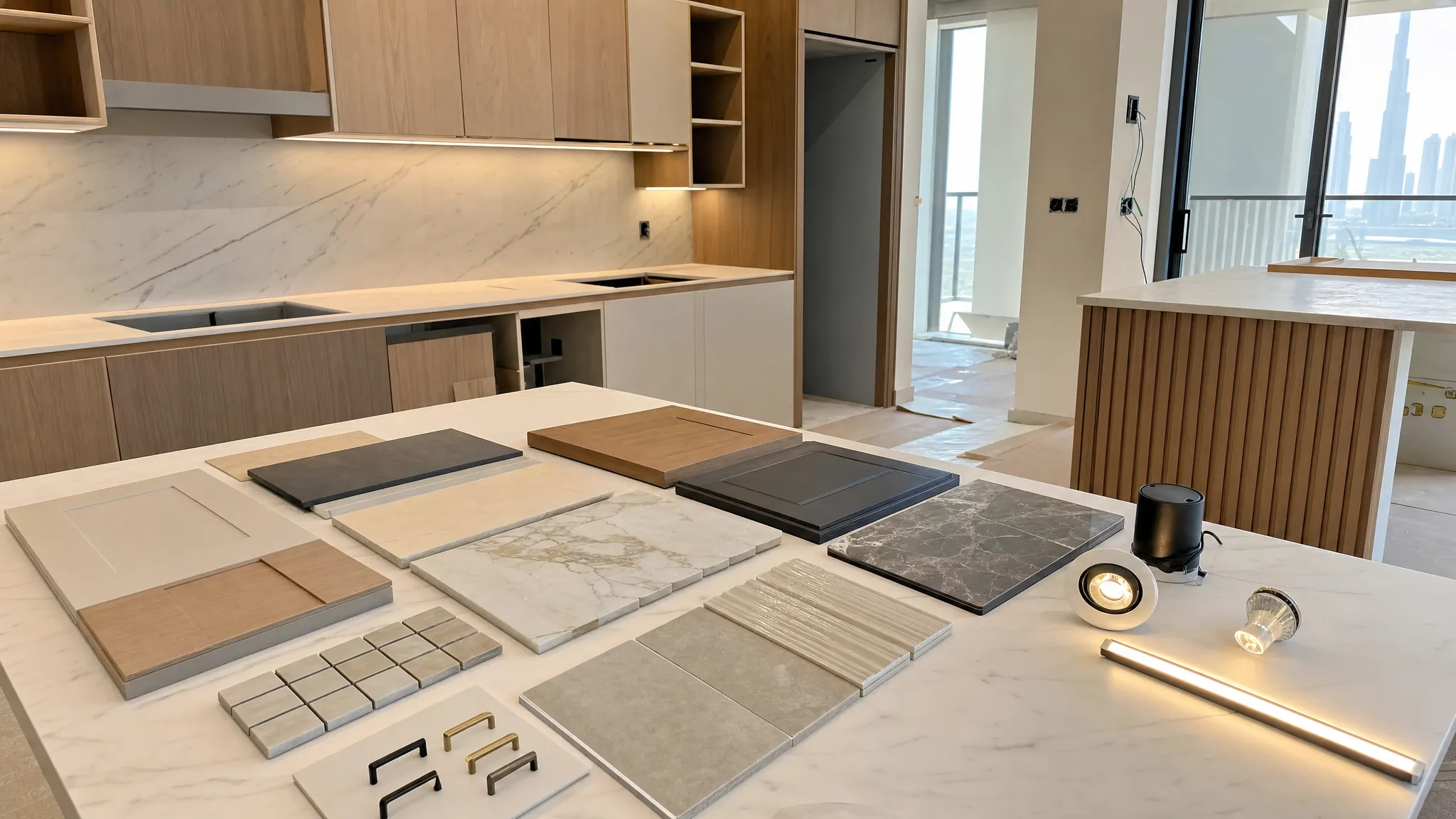 A modern Dubai kitchen renovation in progress, showing cabinet samples, countertop slabs, tile finishes and lighting options arranged on a clean worktable beside a partially installed kitchen.