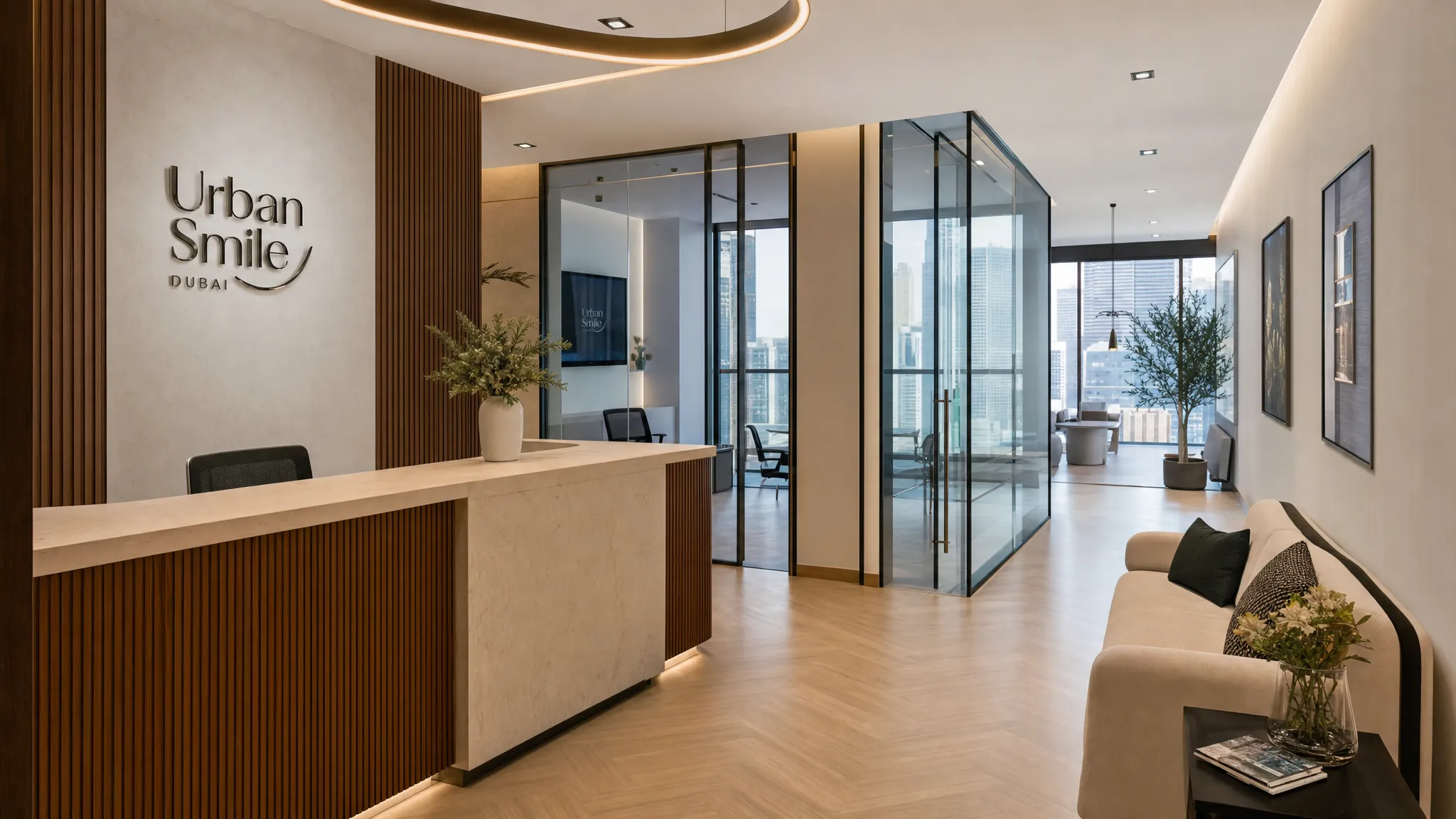 A modern renovated commercial interior in Dubai with a welcoming reception area, glass partitions, durable flooring, custom joinery, and comfortable waiting seating.