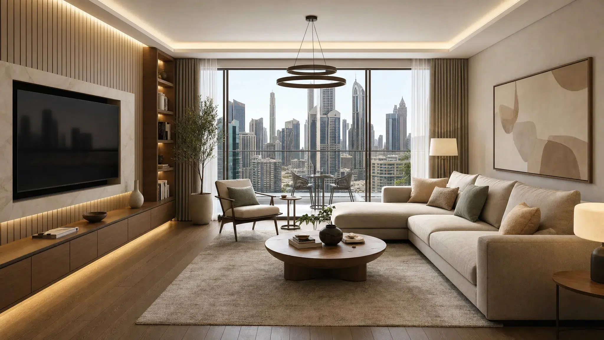 A renovated Dubai living room with warm wooden flooring, elegant wall finishes, built-in storage, soft layered lighting, and a balanced modern interior design that connects comfort with functionality.
