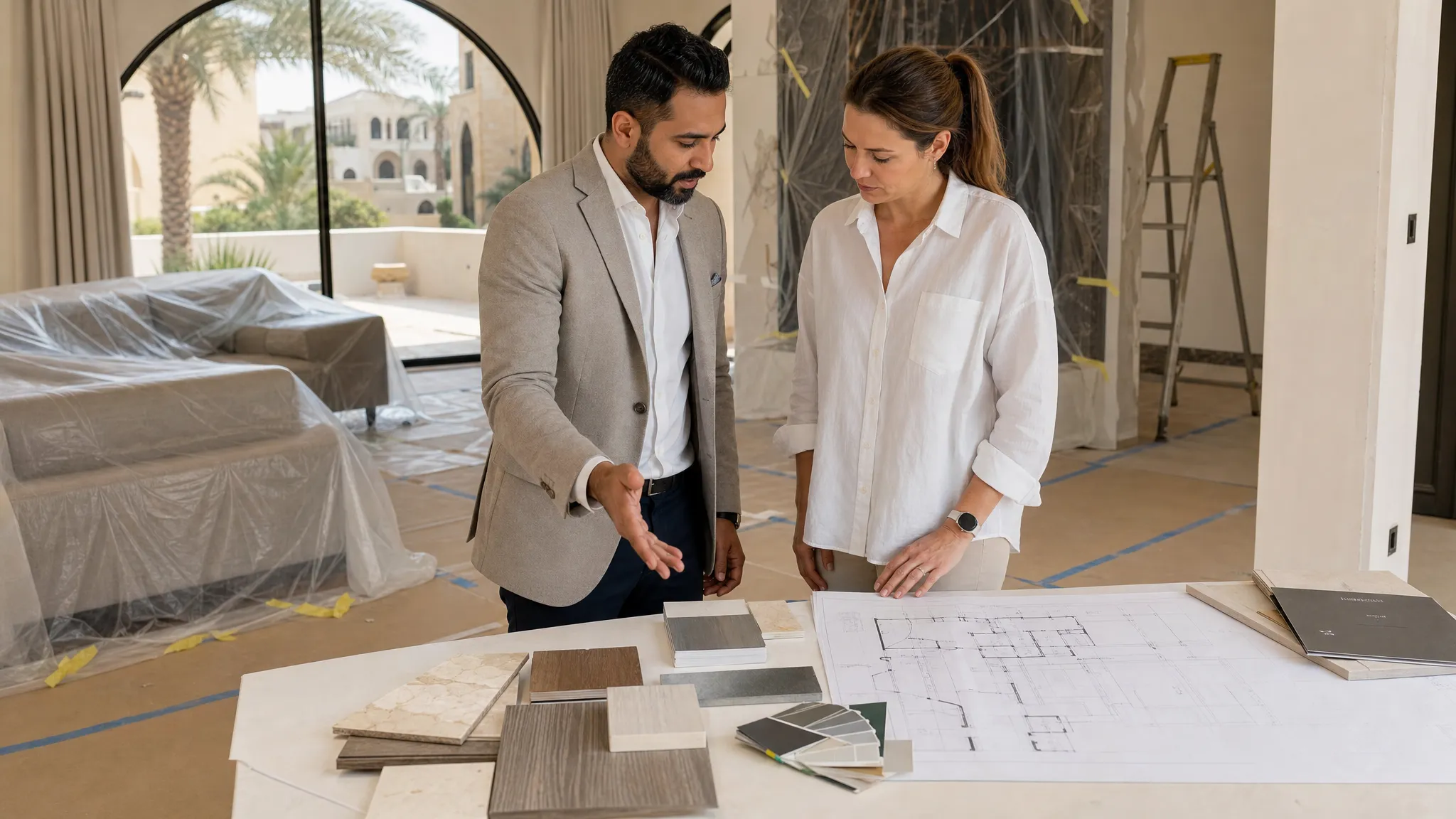 A renovation consultant and homeowner reviewing material samples and floor plans beside a protected living area inside a Dubai villa under renovation.
