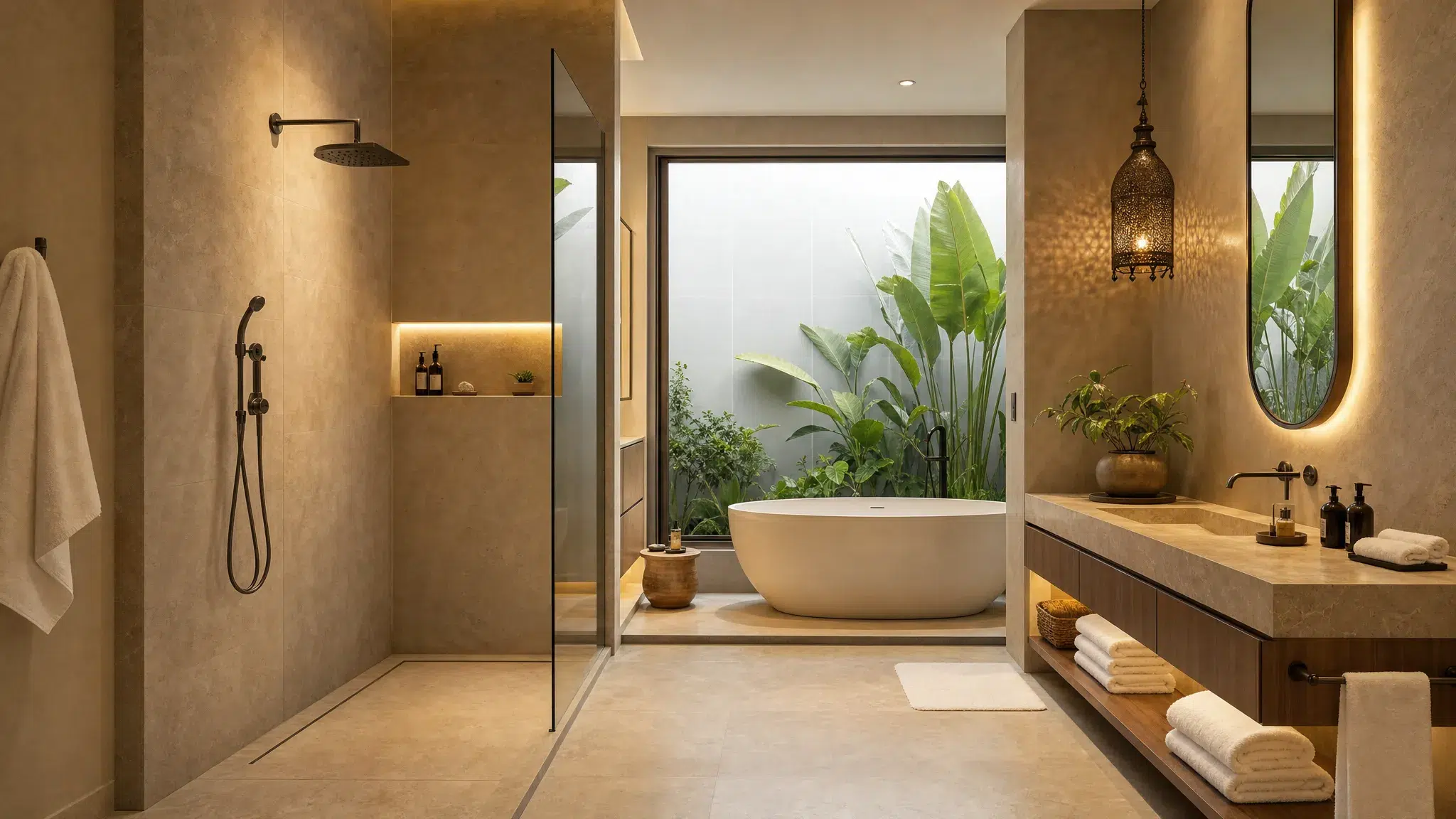 A serene villa bathroom with a walk-in rainfall shower, freestanding bathtub, warm stone surfaces, soft ambient lighting, a floating vanity, folded towels, and greenery beside a private frosted window, seen from a slightly wider corner angle.