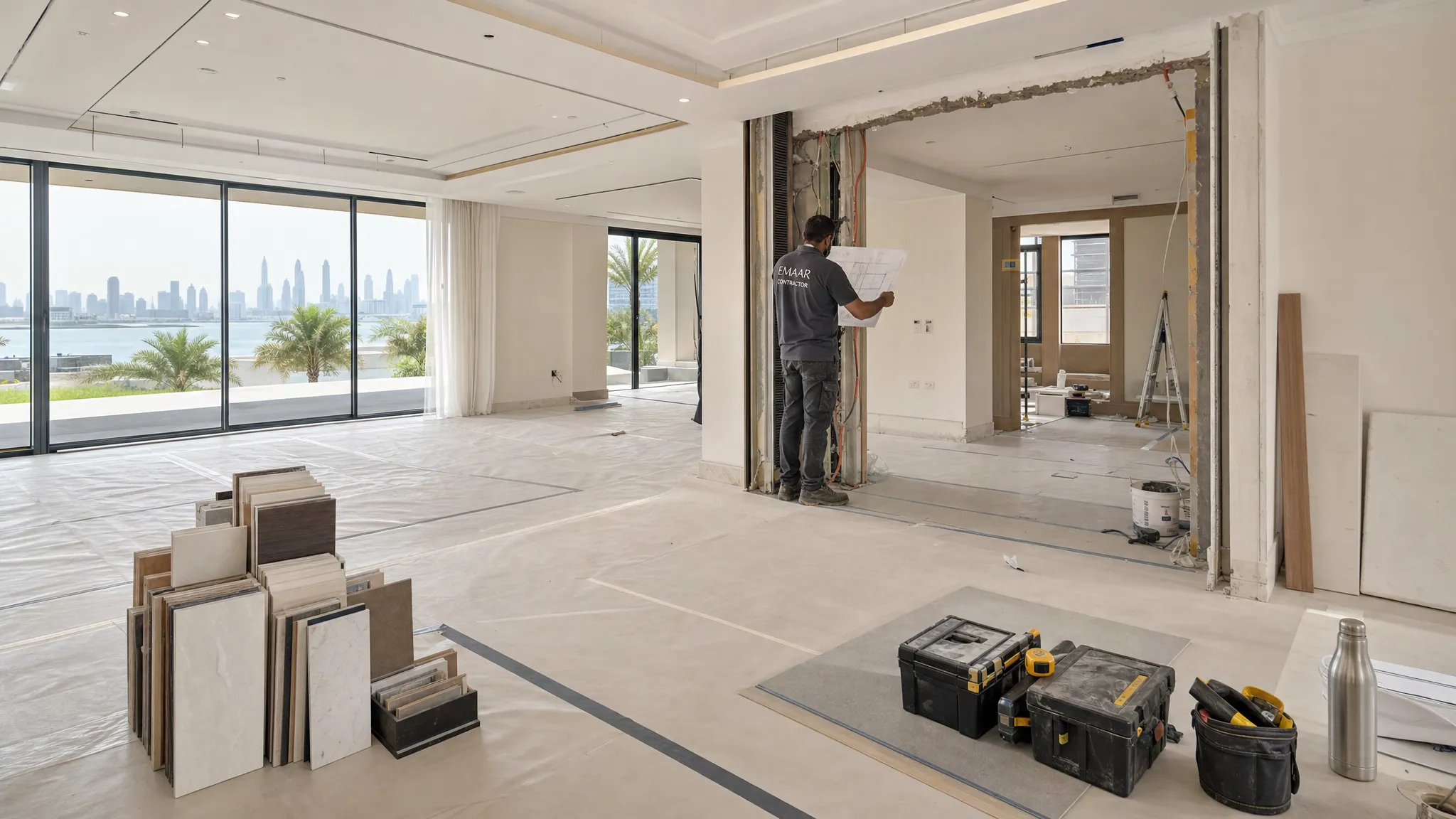 A spacious Dubai villa living area under renovation with protected flooring, stacked material samples, organized tools, and a contractor reviewing plans near an open wall section.