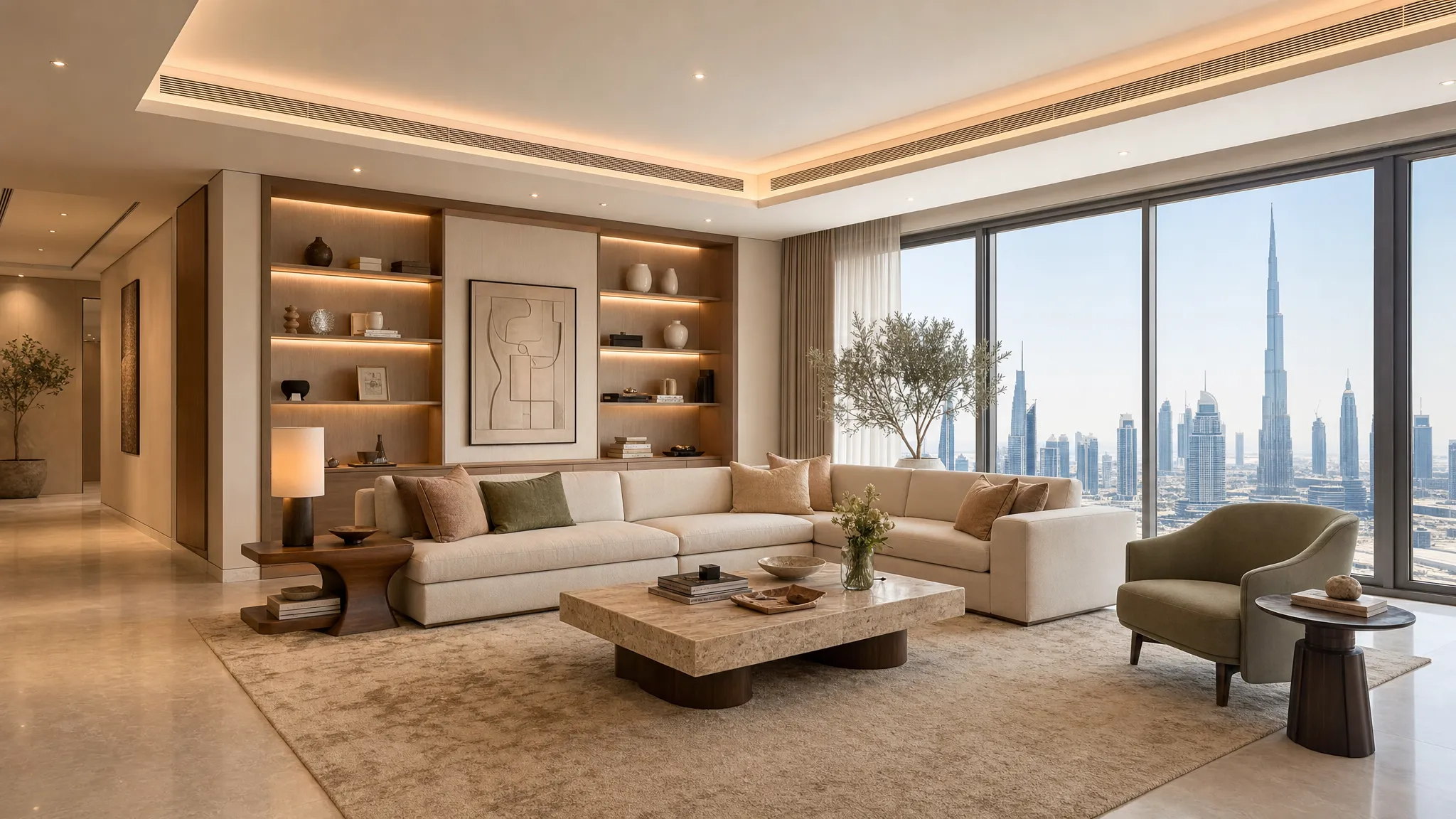 An elegant Dubai living room with warm neutral walls, seamless flooring, custom built-in shelving, layered ceiling lighting, a stone coffee table, and large windows bringing natural light into the space, shown from a slightly wider angle across the seating area.