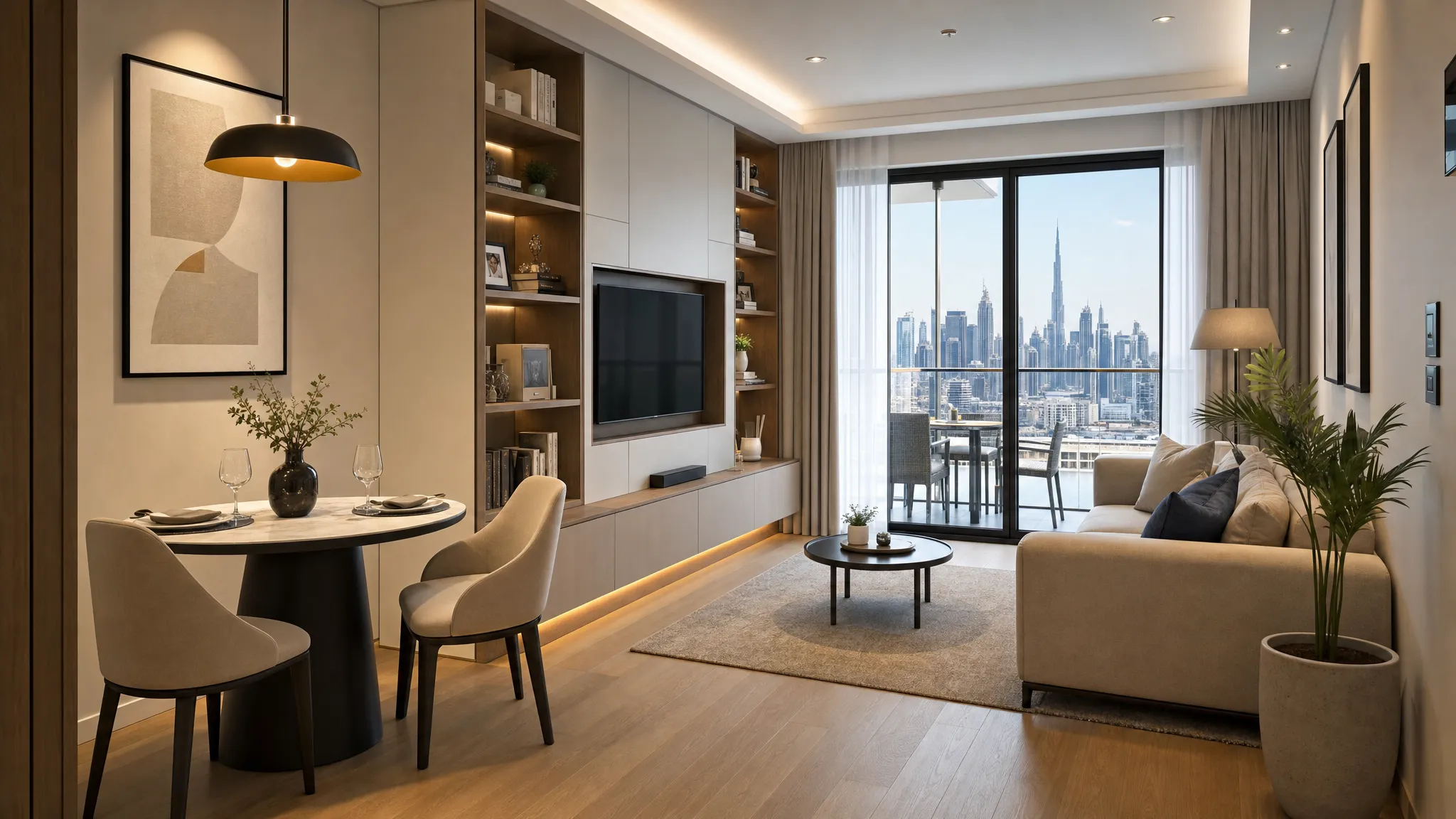 Eye-level view of a compact Dubai condominium living area with built-in storage, a small dining nook, light wood flooring, layered lighting, and a balcony door opening to a city view.