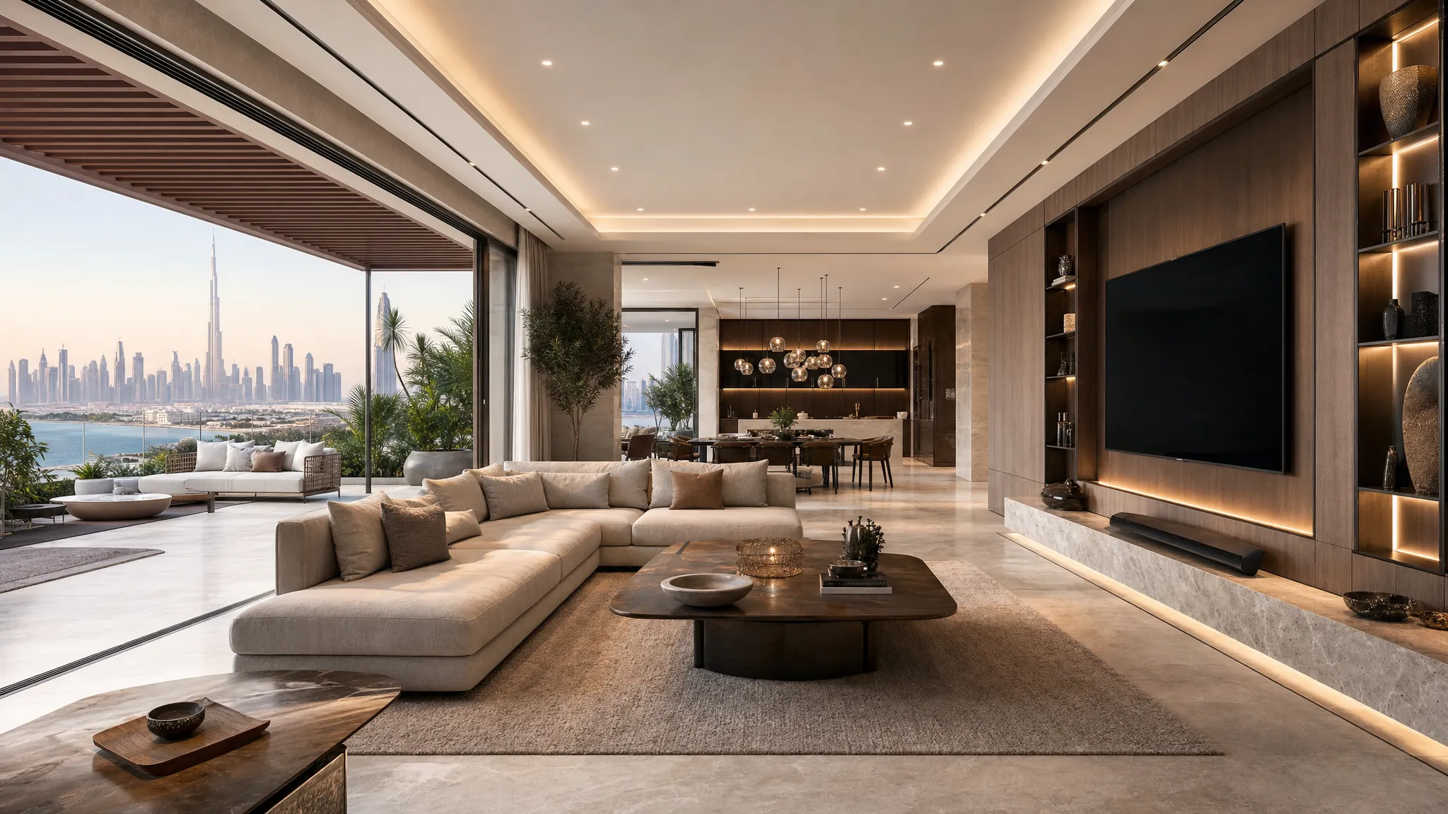 Interior of a luxury Dubai living room with continuous stone flooring, custom wall joinery, layered lighting, large windows, and a shaded terrace visible through open glazing.