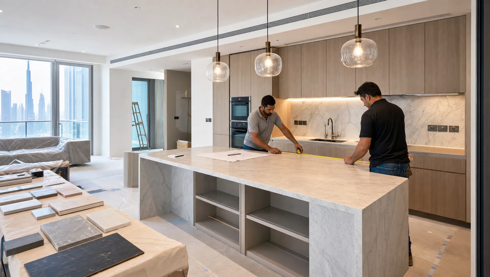 A Dubai kitchen renovation in progress with new cabinetry, stone countertop samples, pendant lighting, and people measuring the island area in a bright open-plan interior.