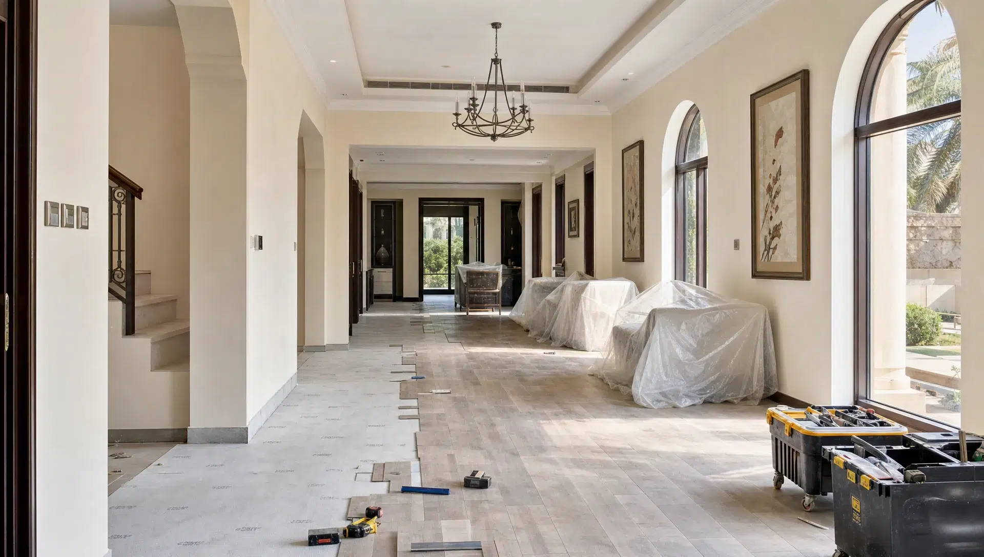 A Dubai villa hallway during renovation with new flooring being installed, freshly painted walls, covered furniture, organized tools, and daylight coming through side windows.