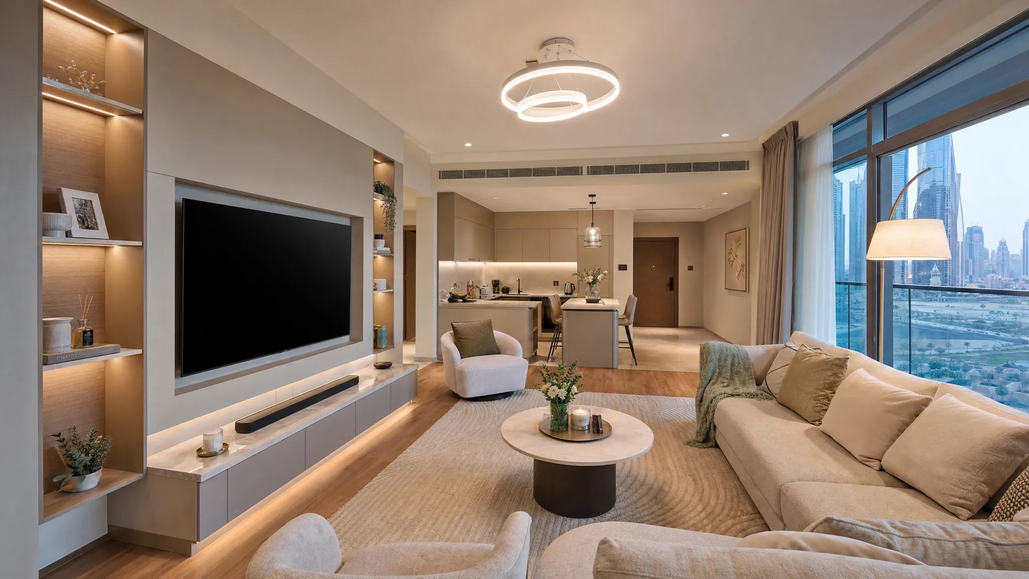 A modern Dubai apartment living area with built-in wall storage, warm wooden flooring, soft neutral furniture, concealed lighting, and an open kitchen in the background.