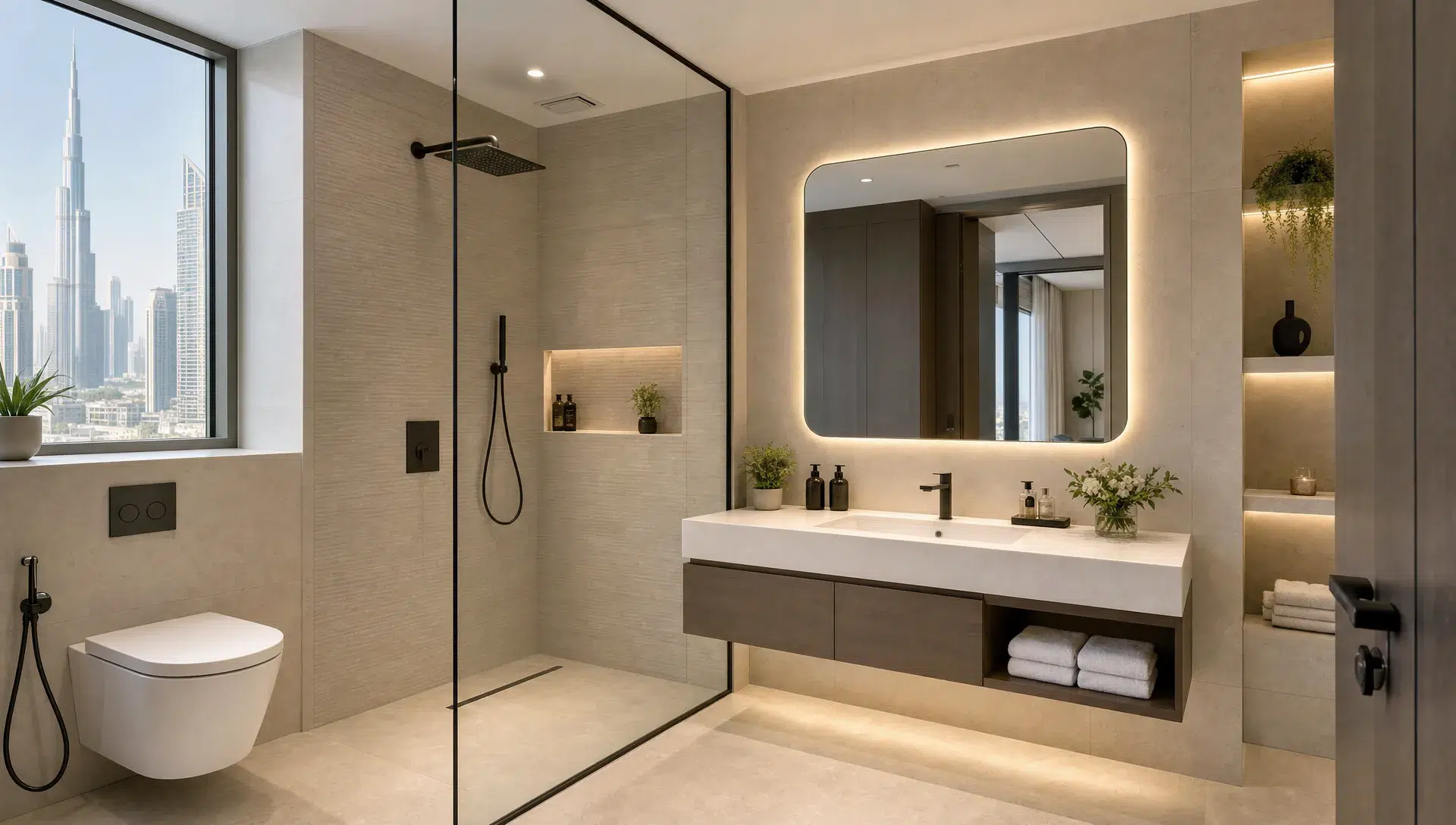 A modern Dubai bathroom renovation inside a bright apartment setting, with a walk-in glass shower, floating vanity, soft mirror lighting, porcelain wall and floor tiles, and neatly integrated storage.