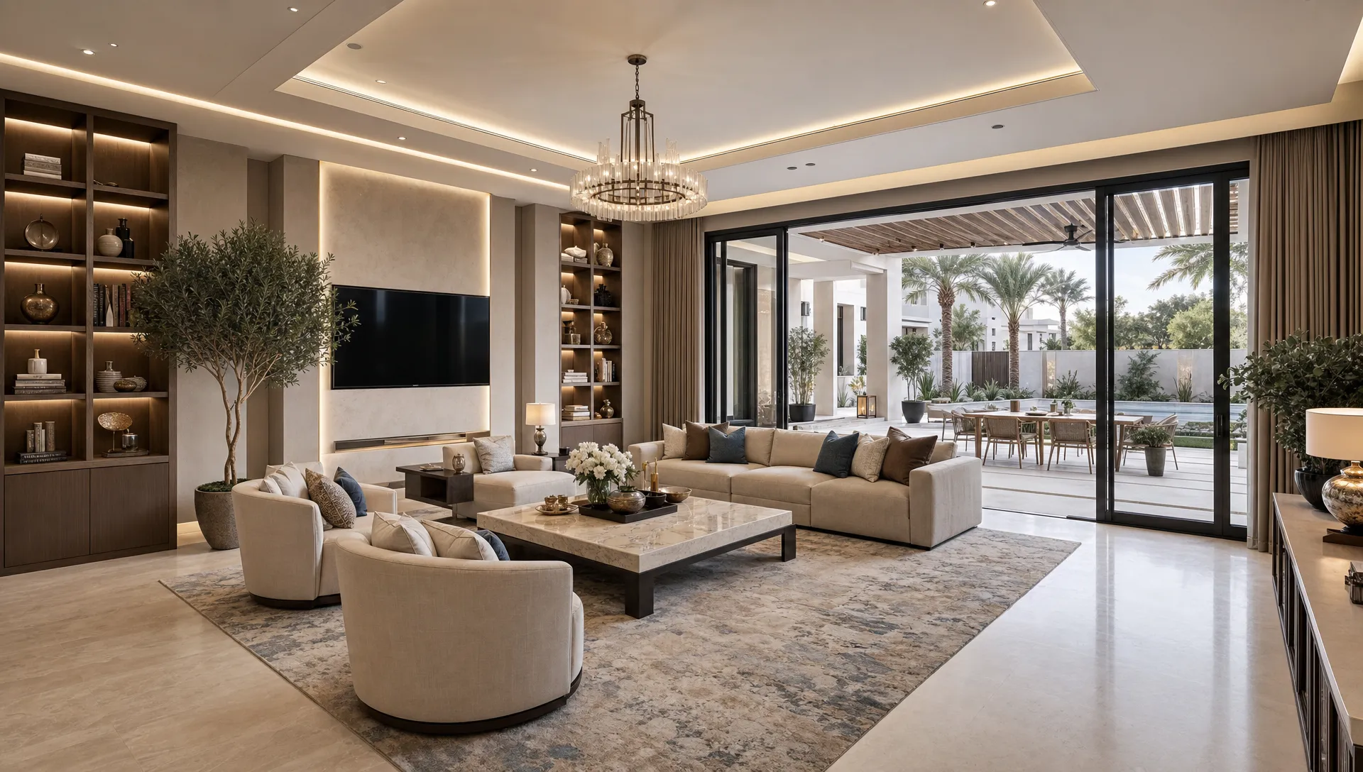 A refined Dubai villa living area with layered lighting, built-in storage, elegant seating, and large glass doors opening toward a shaded outdoor terrace, seen from a corner wide view that emphasizes the room’s flow and connection to the outside.