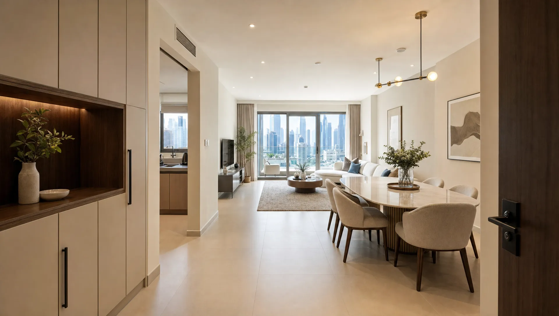 A renovated Dubai apartment living and dining area seen from the entry, with open circulation, built-in storage, bright windows, a compact kitchen opening, and clear walking paths between zones.