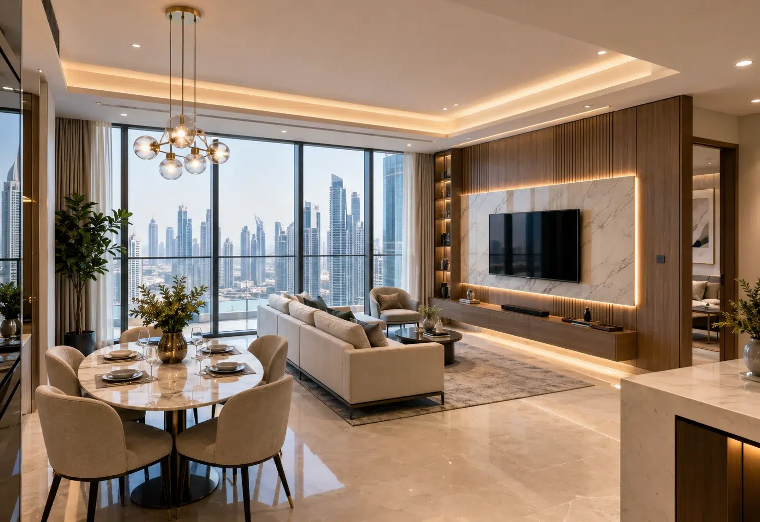 Apartment renovation Dubai with luxury living room skyline view modern TV wall and dining area