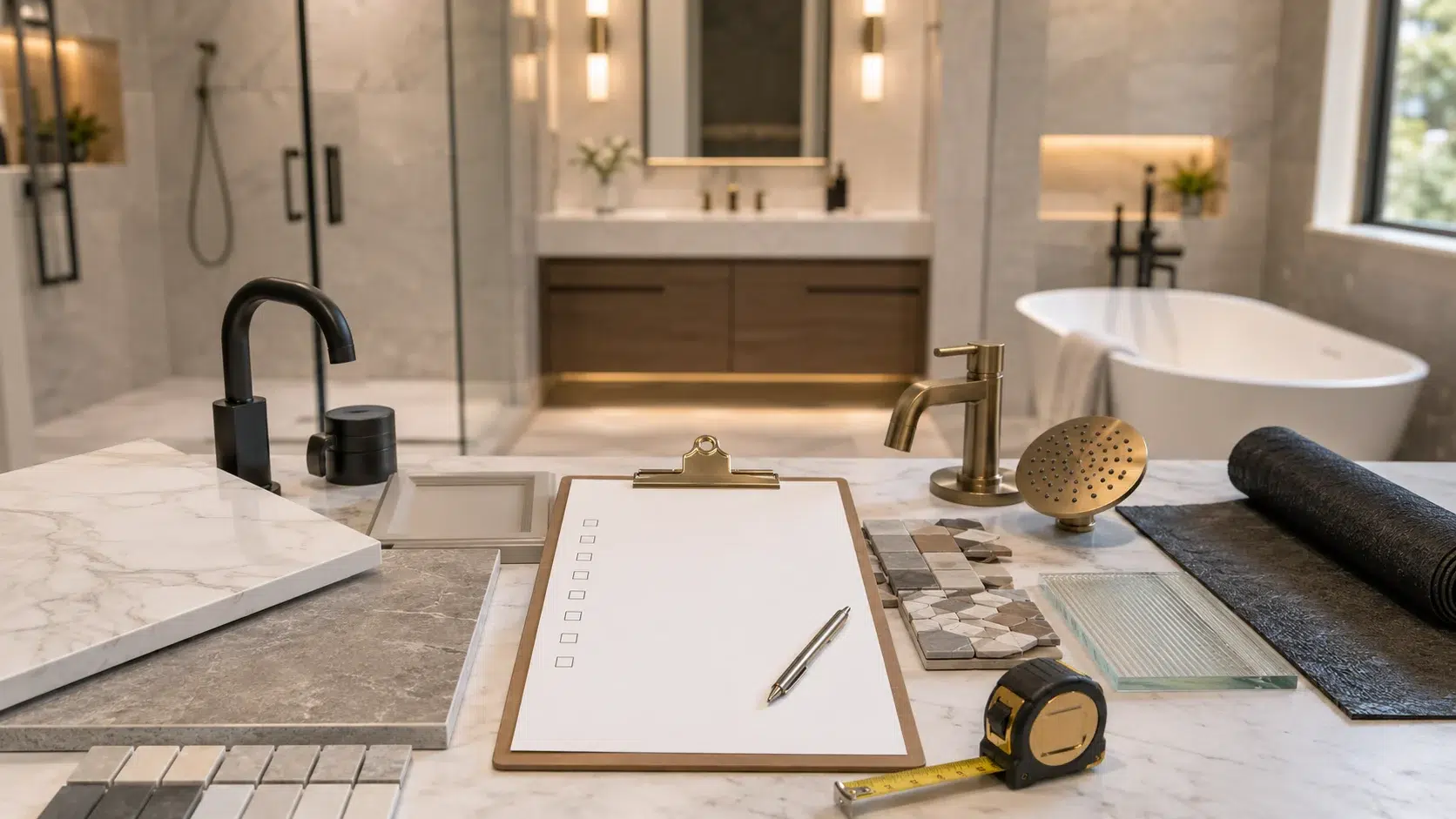 Bathroom renovation checklist Dubai with tile samples fixtures waterproofing material and luxury bathroom background