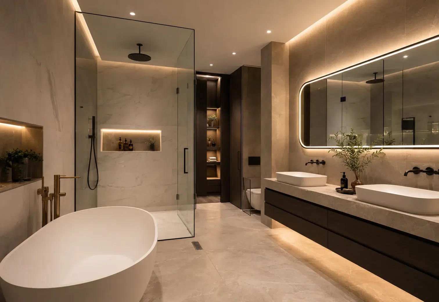Bathroom renovation Dubai with walk in glass shower freestanding bathtub LED mirror and luxury tiles