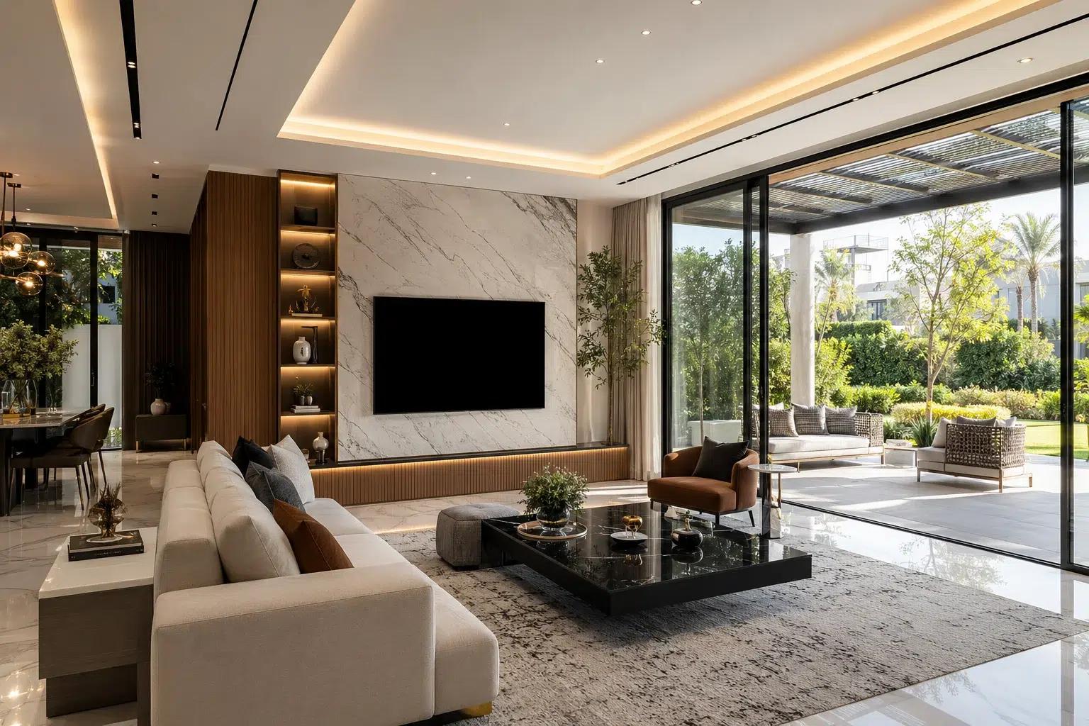 Dubai Hills villa renovation with luxury living room marble TV wall terrace and garden view
