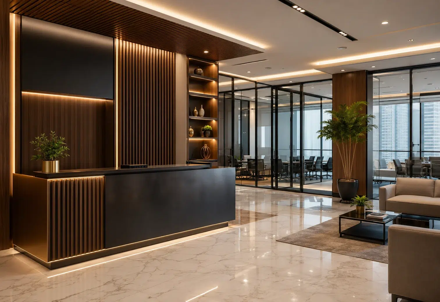 Fit out services Dubai modern office reception with glass partitions wood panels and luxury lighting