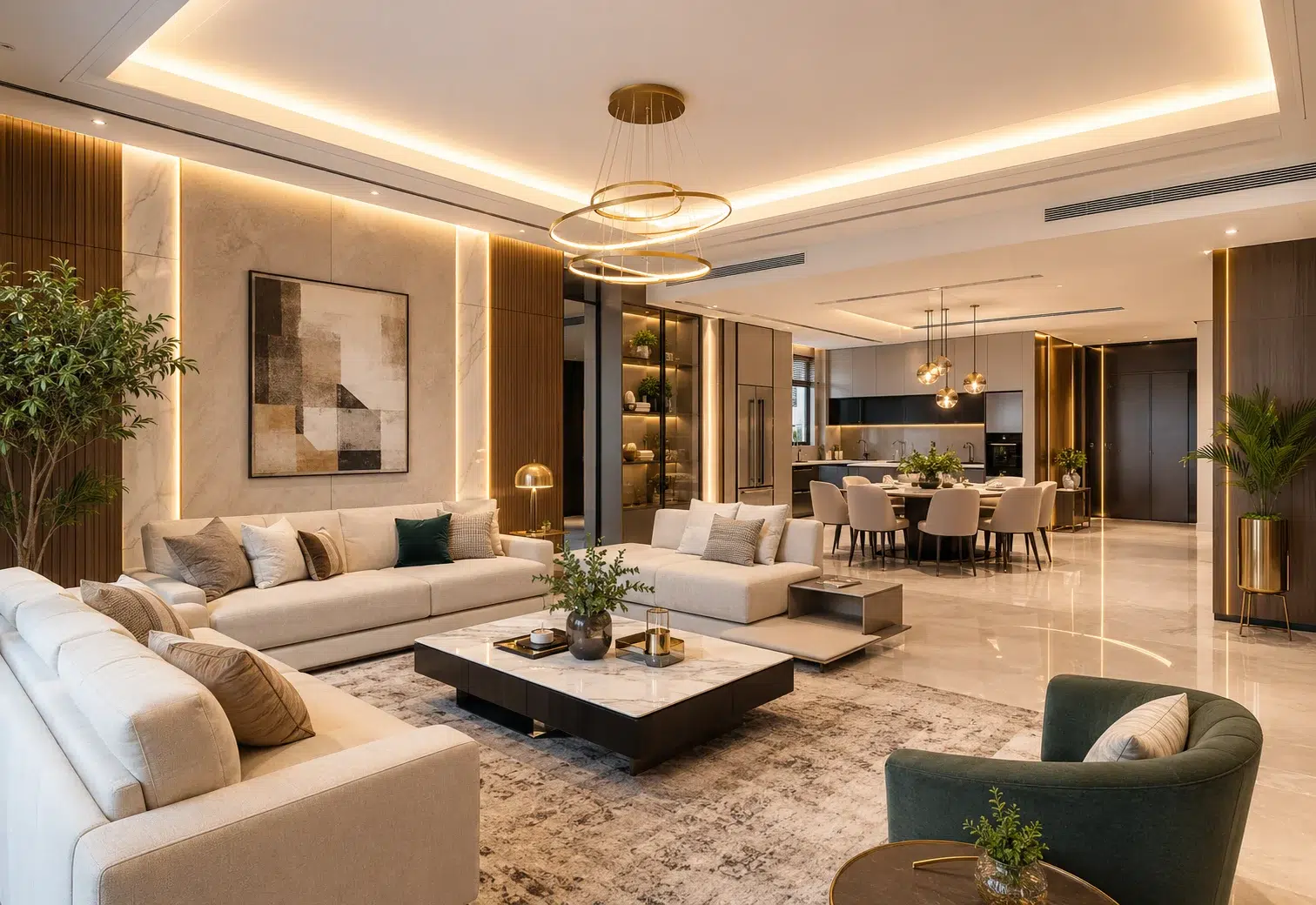 Home renovation Dubai open plan living room dining and kitchen with luxury modern interior design