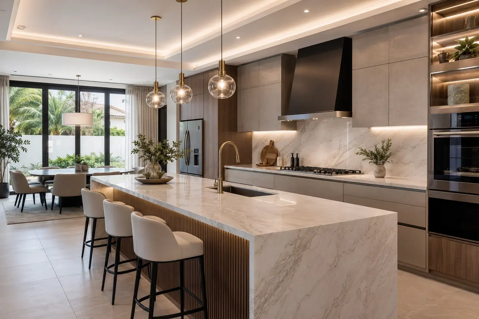 Jumeirah kitchen remodel with marble island custom cabinets built in appliances and dining area