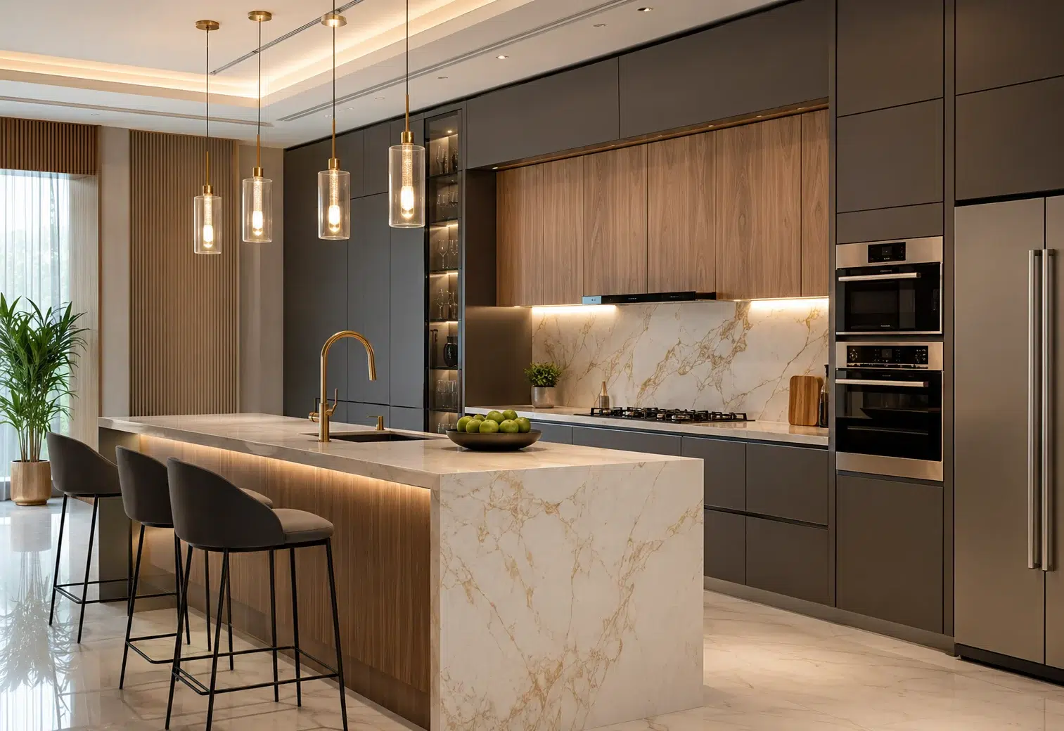 Kitchen renovation Dubai with marble island custom cabinets built in appliances and warm lighting