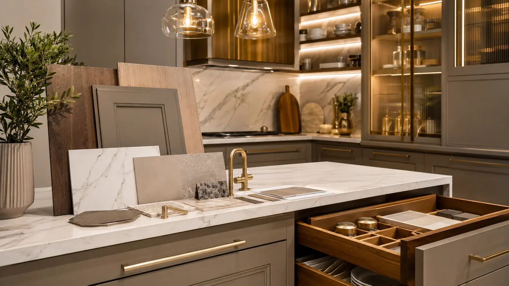 Kitchen renovation ideas Dubai with cabinet samples marble countertop smart storage and warm lighting