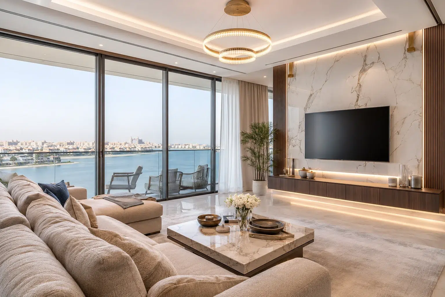 Palm Jumeirah apartment renovation with waterfront view luxury living room and marble TV wall