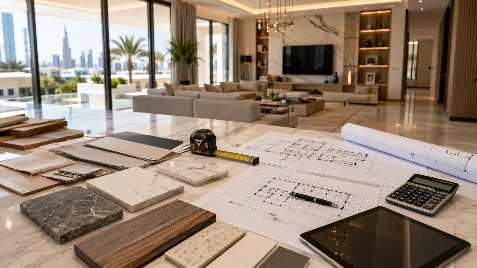 Villa renovation cost Dubai planning with drawings material samples calculator and luxury villa interior