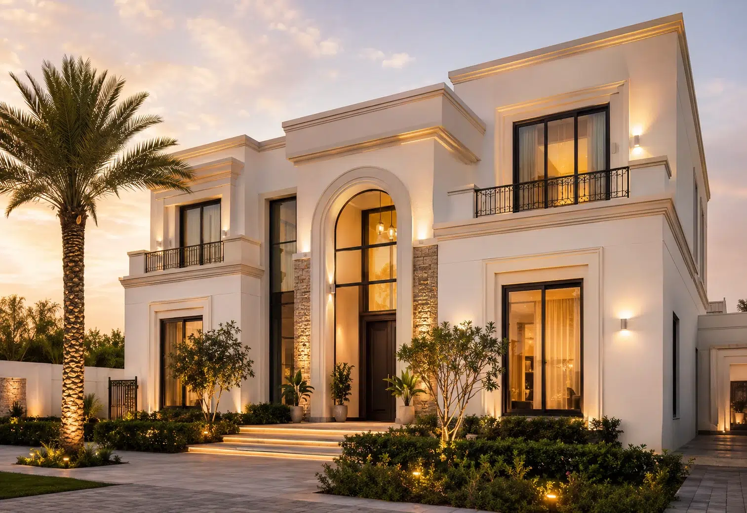 Villa renovation Dubai exterior with modern upgraded facade landscaping and warm lighting