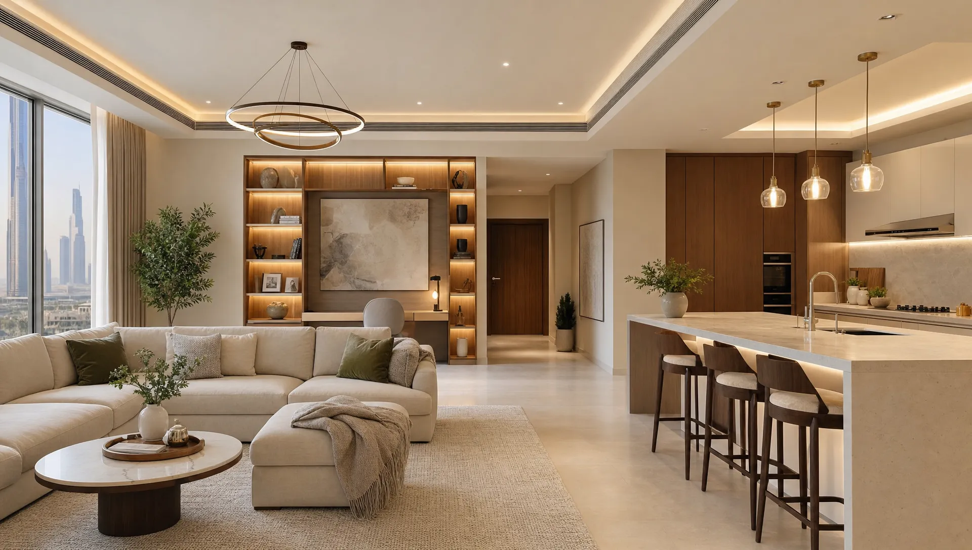 Wide interior view of a renovated Dubai home showing a bright open living room flowing into a modern kitchen, with light flooring, layered lighting, custom storage, neutral walls, and warm wood accents that clearly show an after-renovation result.
