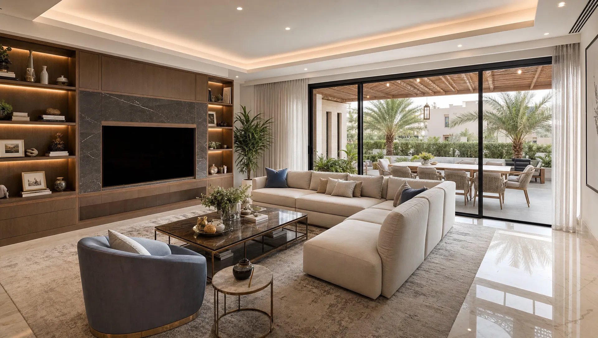 Wide landscape view of a renovated luxury living room in a Dubai home with elegant flooring, custom built-in storage, a refined seating area, and large windows opening to a shaded terrace. No people visible; the room should feel calm, livable, and connected to outdoor space.