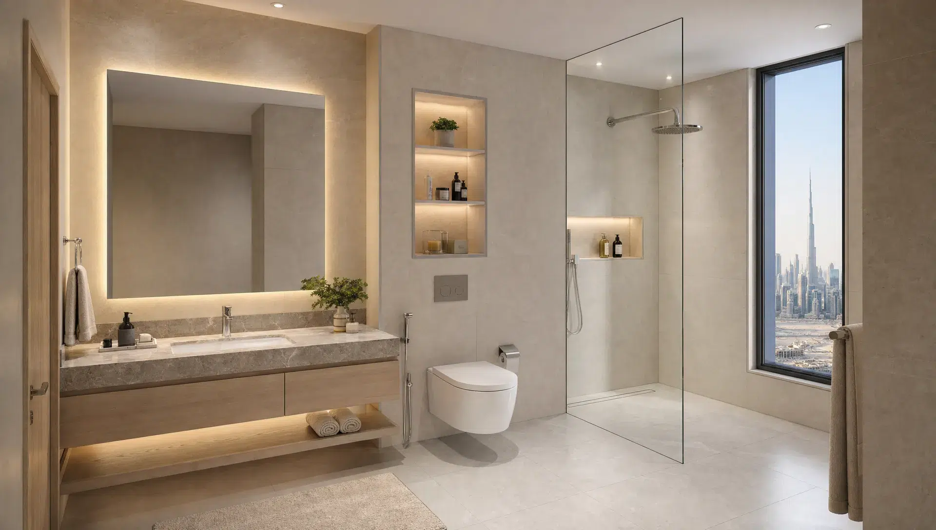 A bright Dubai bathroom with a floating vanity, stone-look tiles, a glass walk-in shower and built-in storage.