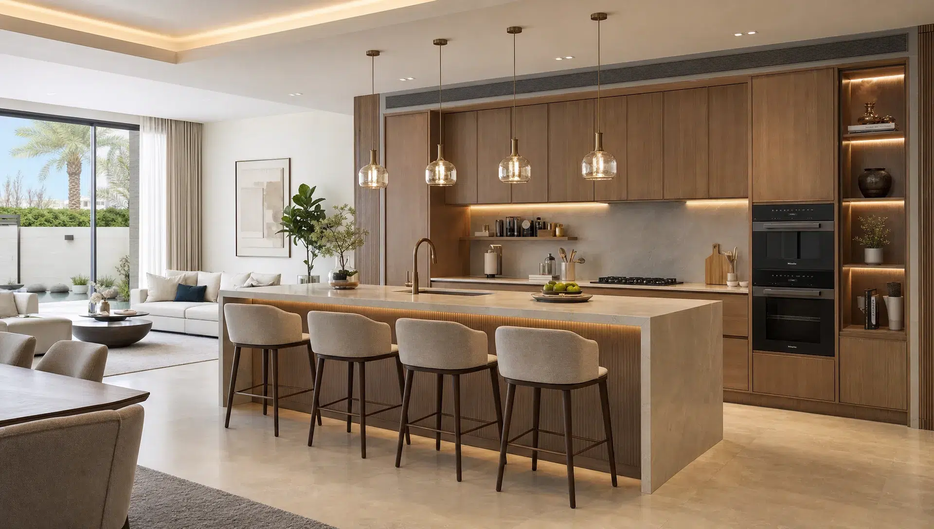 A bright Dubai family kitchen with warm wood cabinets, a light stone island, pendant lighting, hidden storage, and seating for adults and older family members in an open living space.