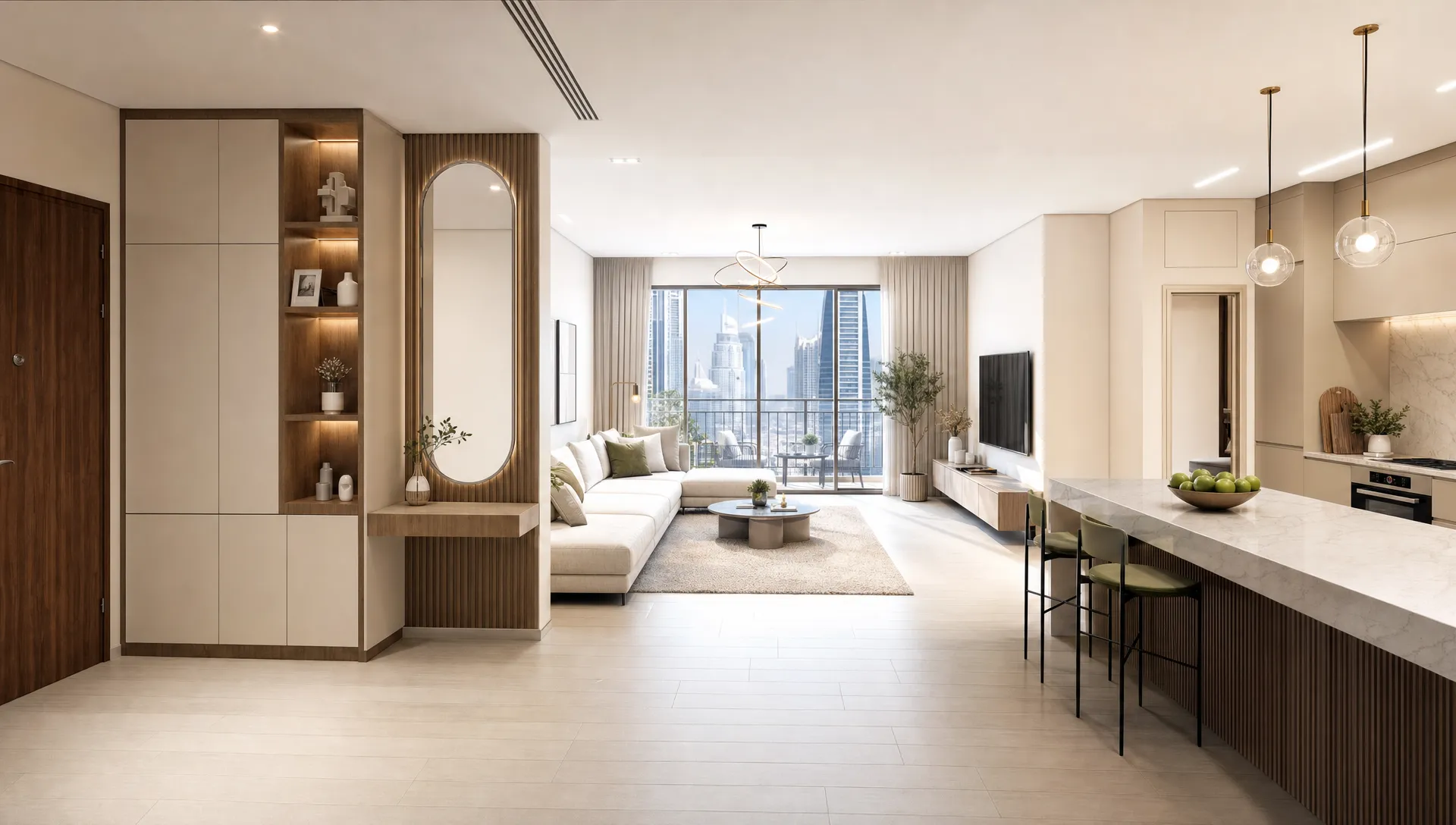 A bright Dubai home interior shows an open living area, a modern kitchen, built-in storage, and light flooring after renovation.