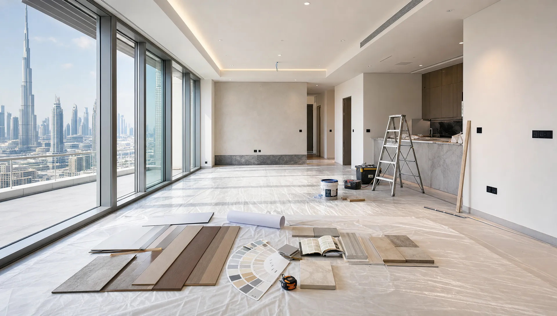 A bright open-plan Dubai living area under renovation shows flooring samples, paint swatches and tools on a covered floor.