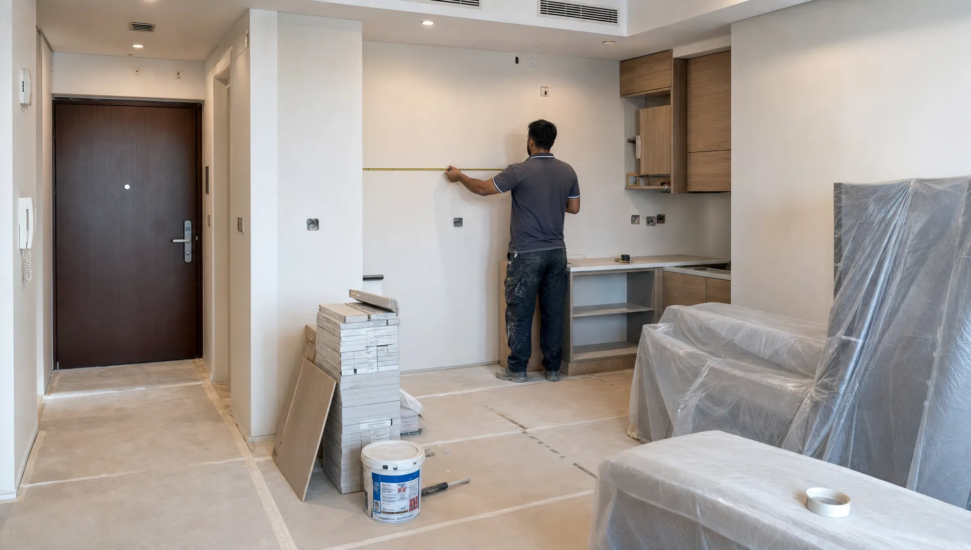 A compact apartment renovation in progress, with protected flooring, stacked tiles, covered furniture, and a contractor measuring a small kitchen wall.