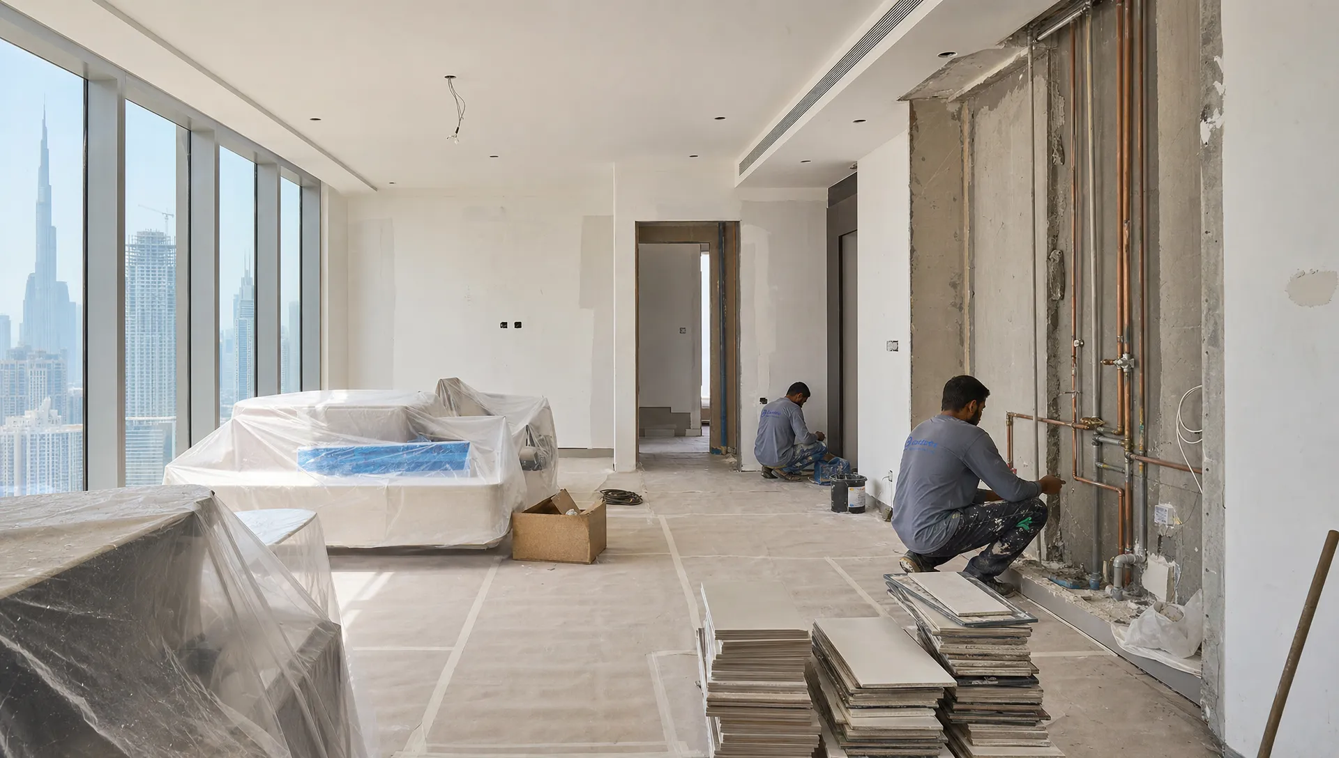 A Dubai apartment renovation with protected floors, stacked tiles, covered furniture and workers preparing plumbing and wall lines.