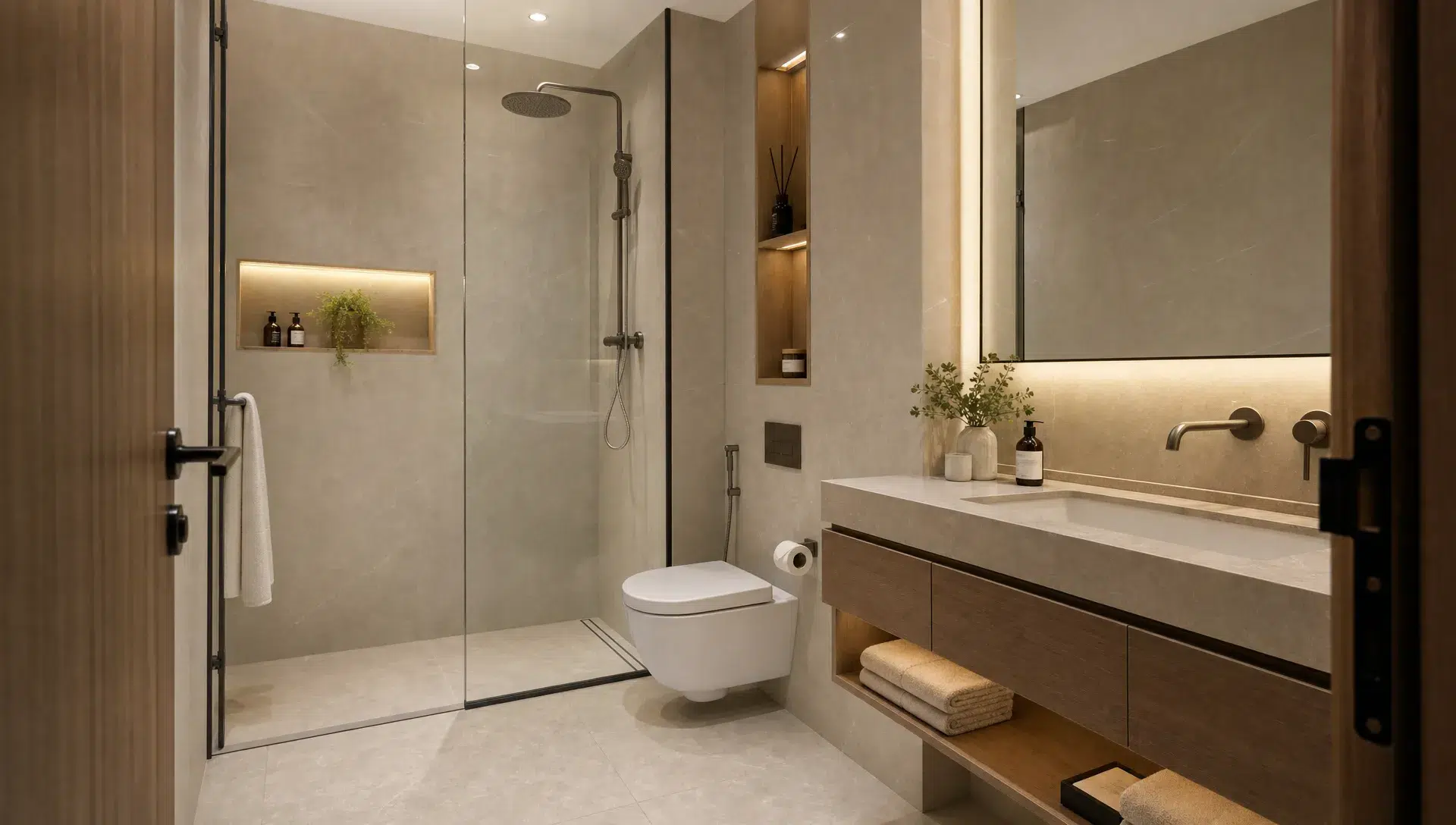 A Dubai bathroom with a walk-in glass shower, wall-mounted vanity, neutral stone-look tiles, warm lighting, and integrated storage, seen from the doorway.