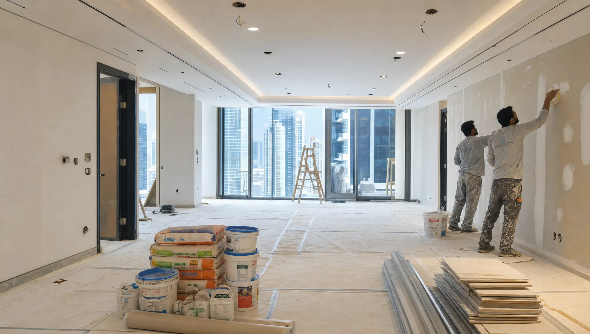 A Dubai home interior under renovation shows protected flooring, organized materials, ceiling lighting points and workers preparing the walls for finishing.